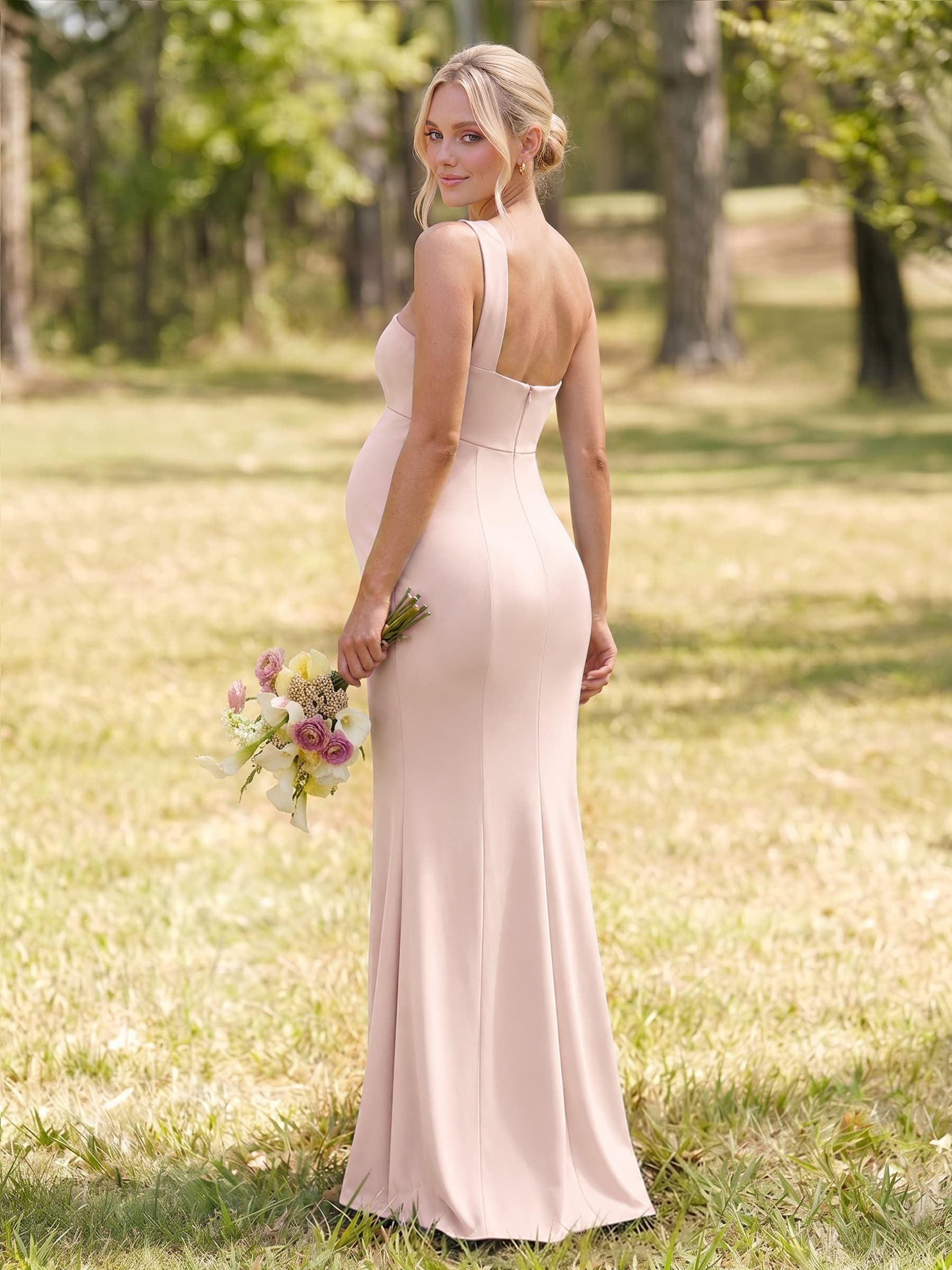 Sheath/Column One-Shoulder Sleeveless Floor-Length Jersey Maternity Bridesmaid Dresses