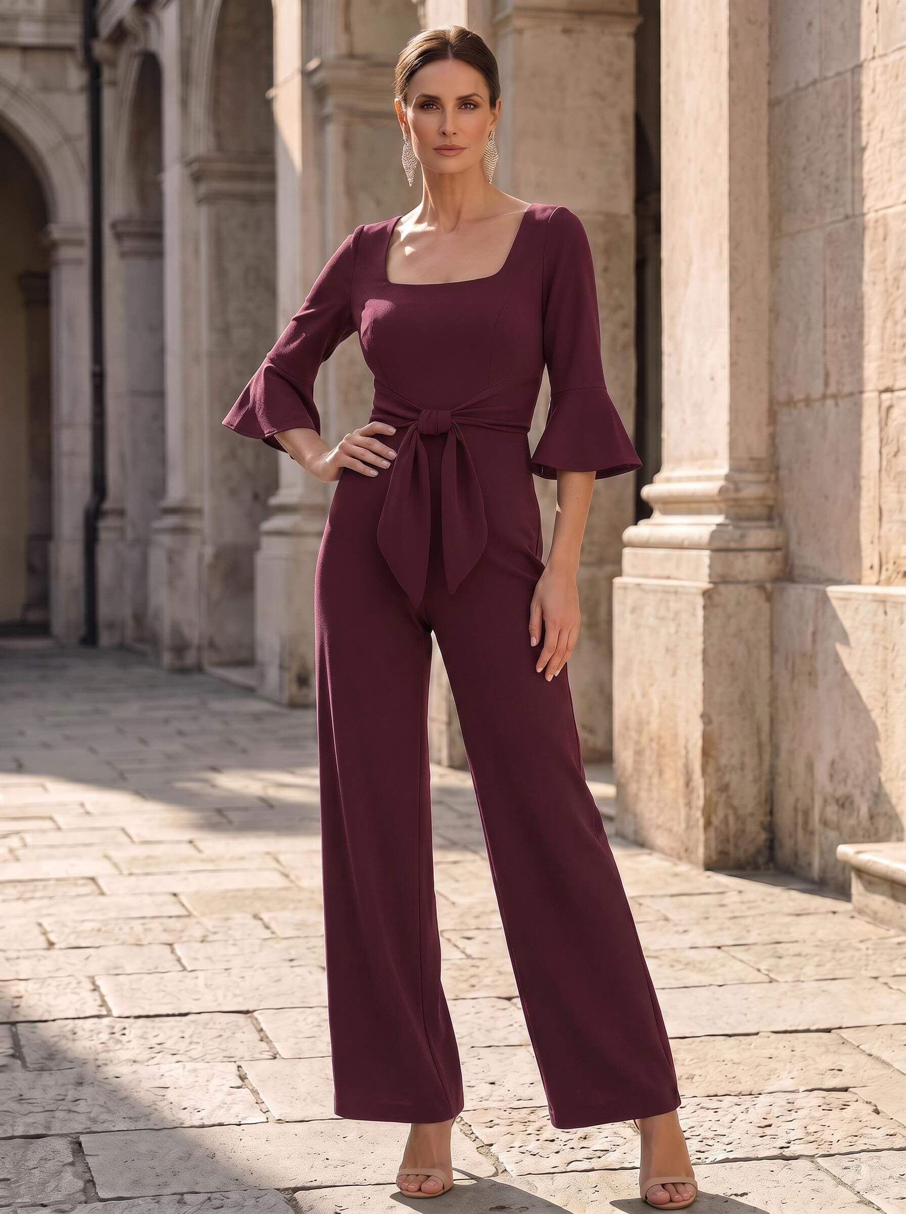 Jumpsuit/Pantsuit Square Neckline 3/4 Sleeves Floor-Length Elastic Satin Mother Of The Bride Dresses, image 7