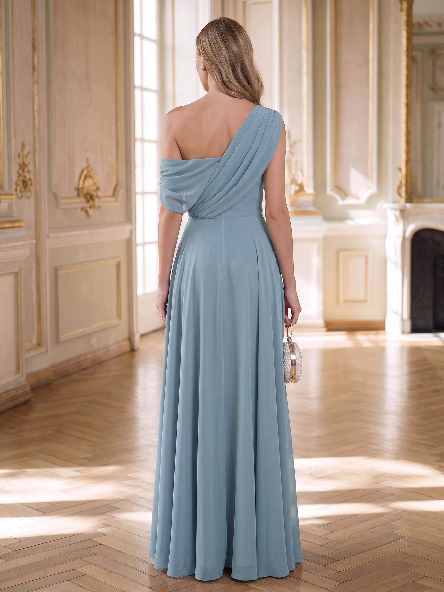 A-Line Asymmetrical Short Sleeves Floor-Length Chiffon Evening Dresses With High Split