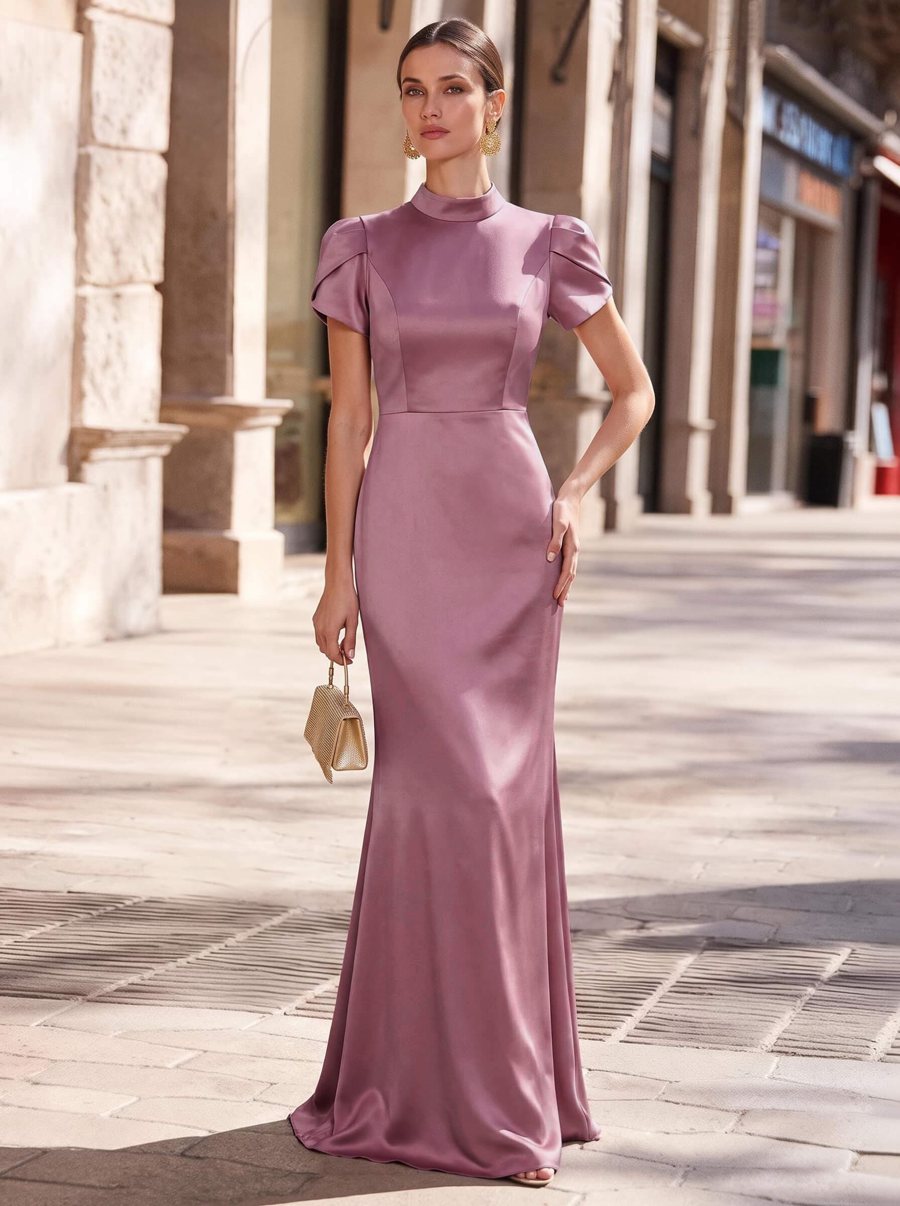 Trumpet/Mermaid High Neck Short Sleeves Sweep Train Matte Satin Evening Dresses With Bow/Back Hole, supplier image 1