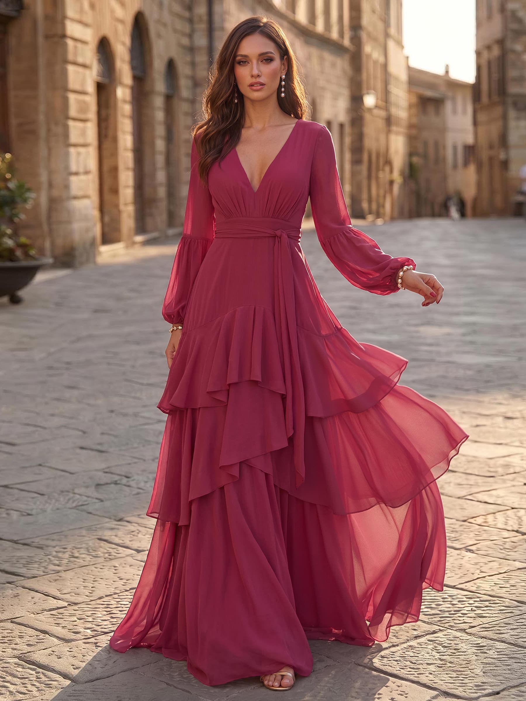 A-Line V-Neck Long Sleeves Sweep Train Chiffon Evening Dresses With Sash/Tiered