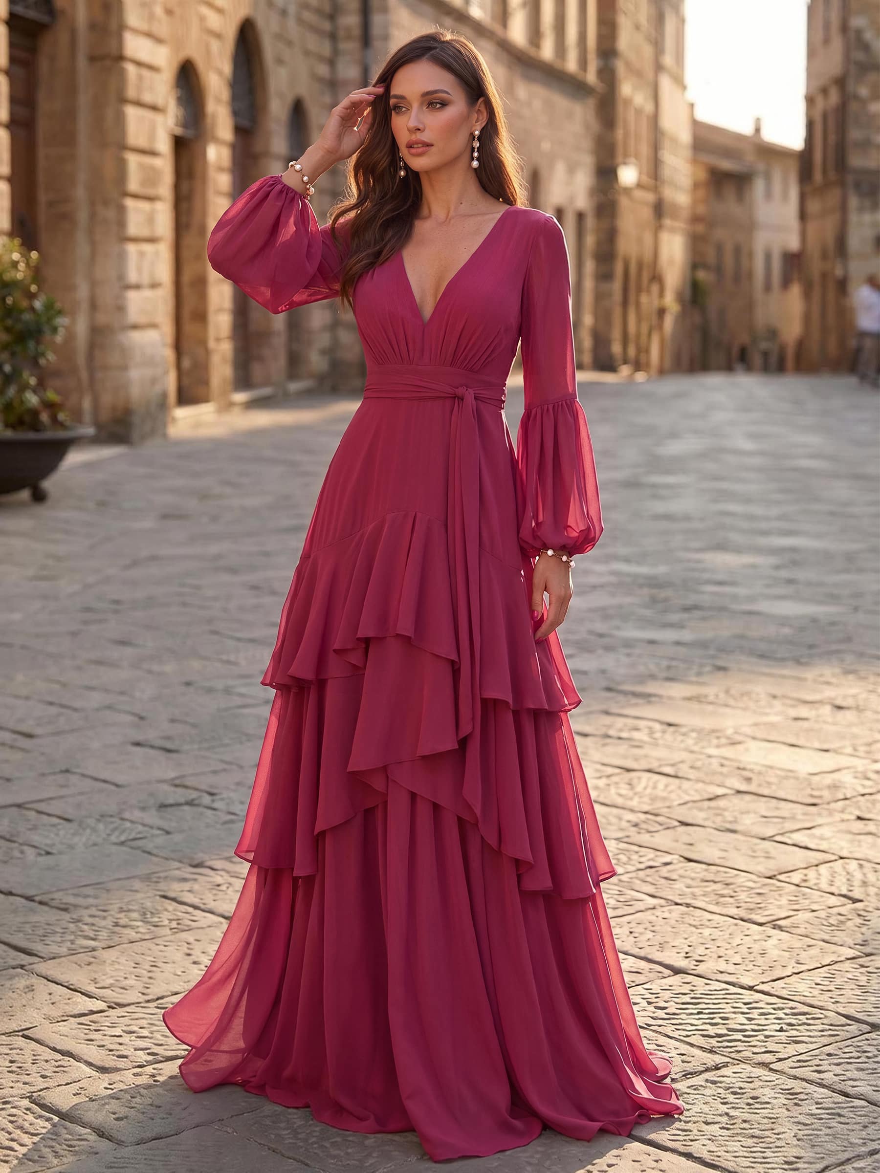 A-Line V-Neck Long Sleeves Sweep Train Chiffon Evening Dresses With Sash/Tiered