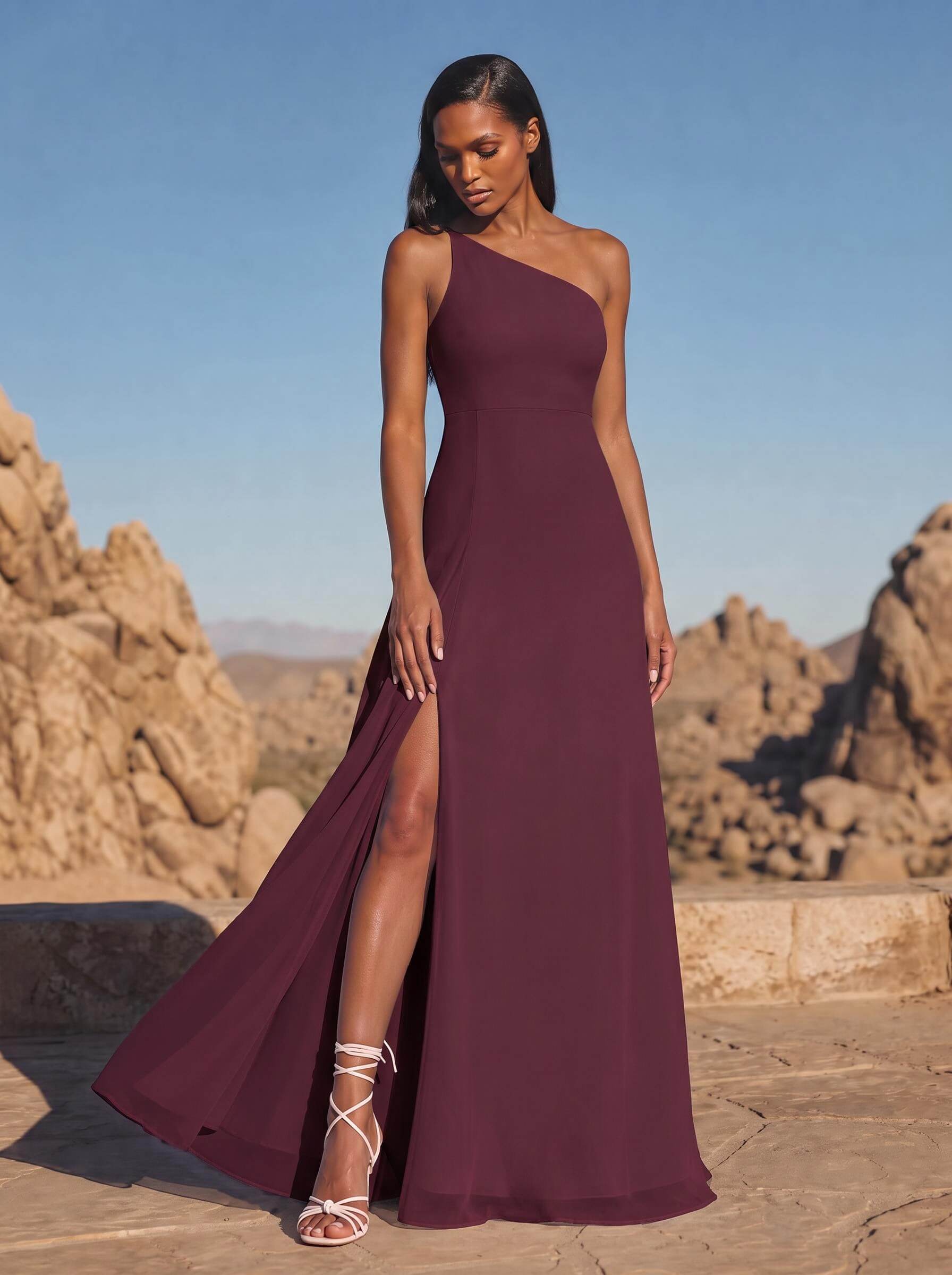 A-Line Asymmetrical Sleeveless Floor-Length Chiffon Bridesmaid Dresses With High Split