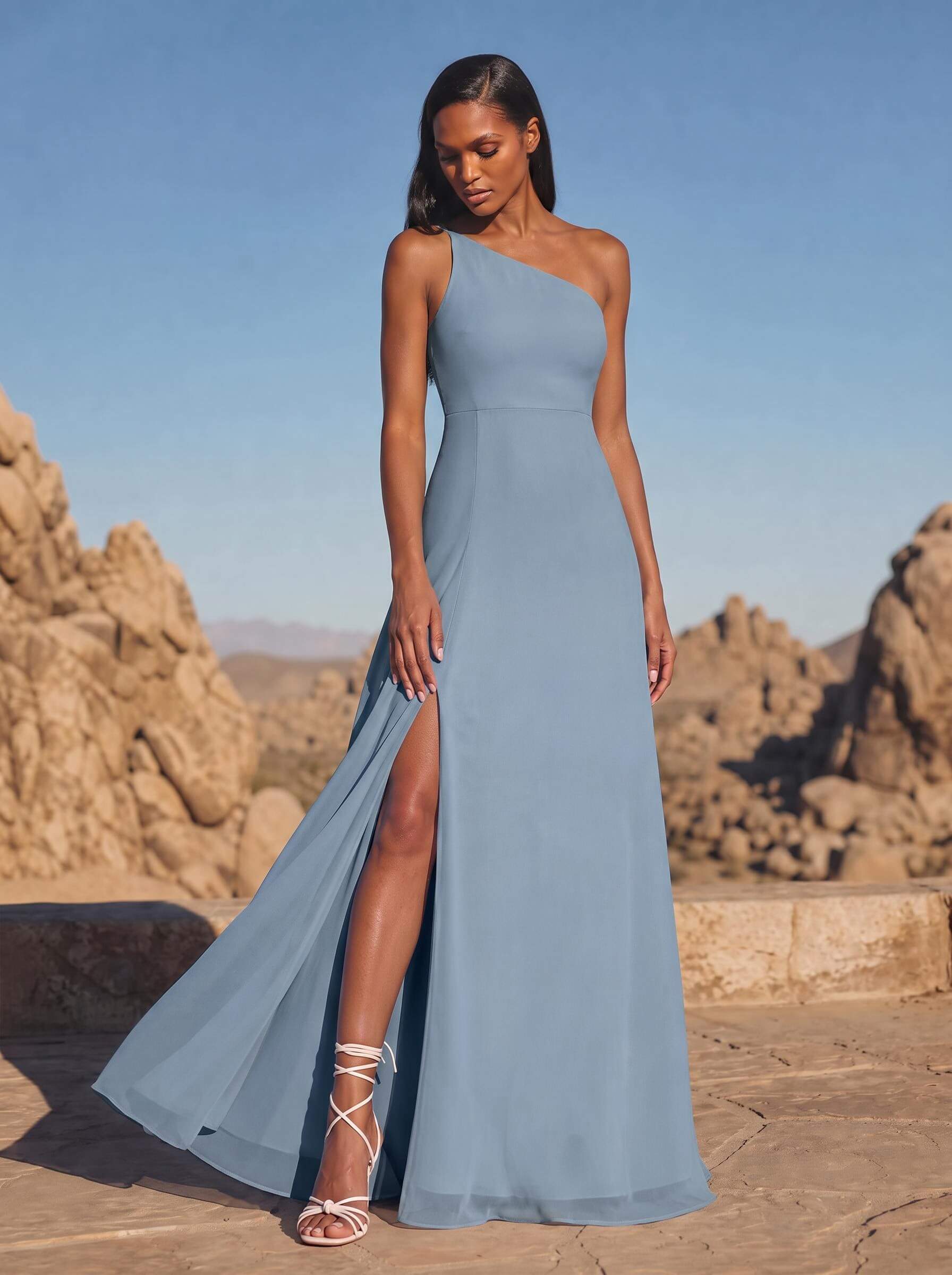 A-Line Asymmetrical Sleeveless Floor-Length Chiffon Bridesmaid Dresses With High Split