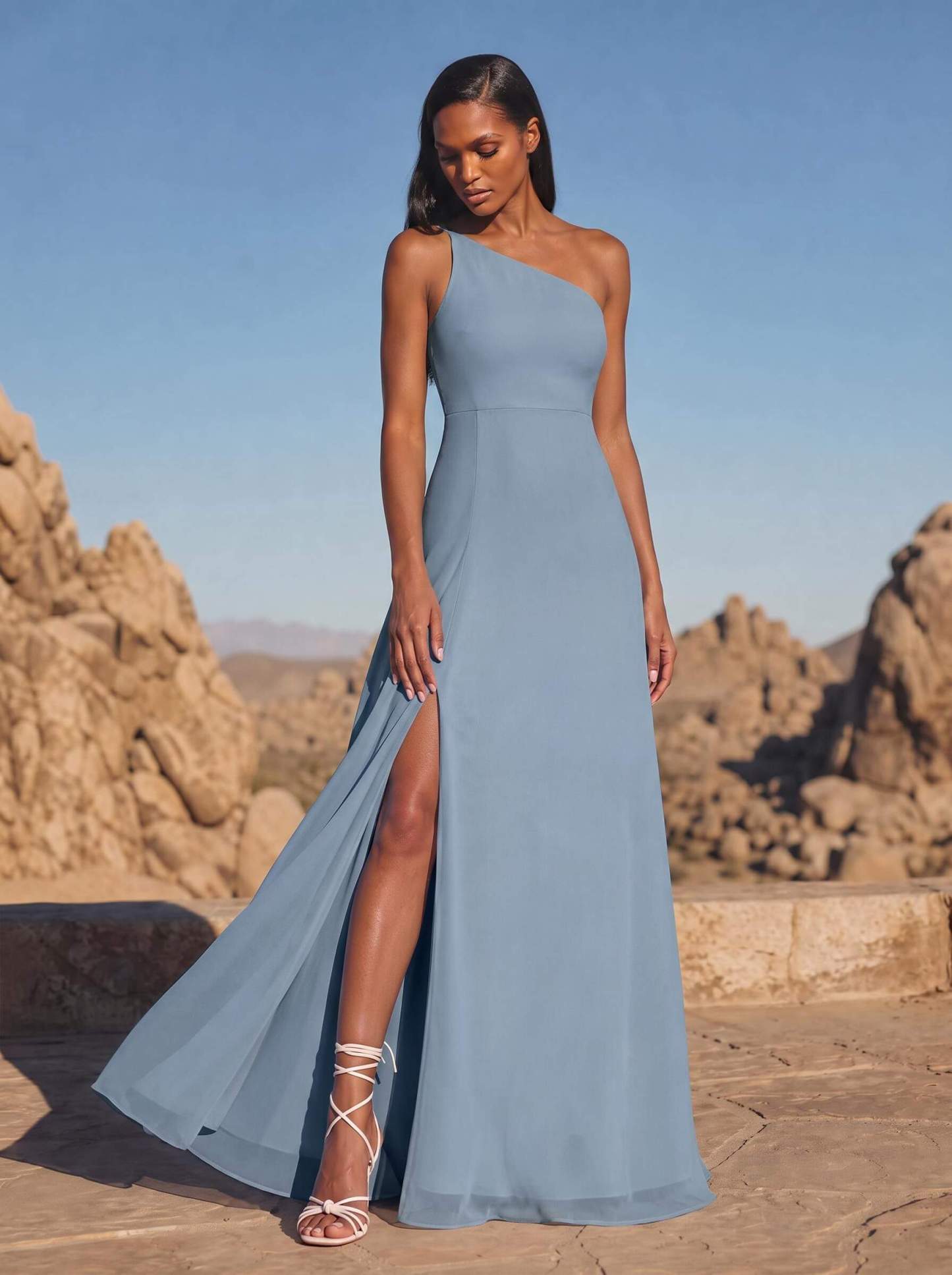 A-Line Asymmetrical Sleeveless Floor-Length Chiffon Bridesmaid Dresses With High Split