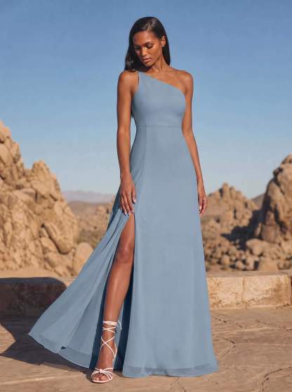 A-Line Asymmetrical Sleeveless Floor-Length Chiffon Bridesmaid Dresses With High Split