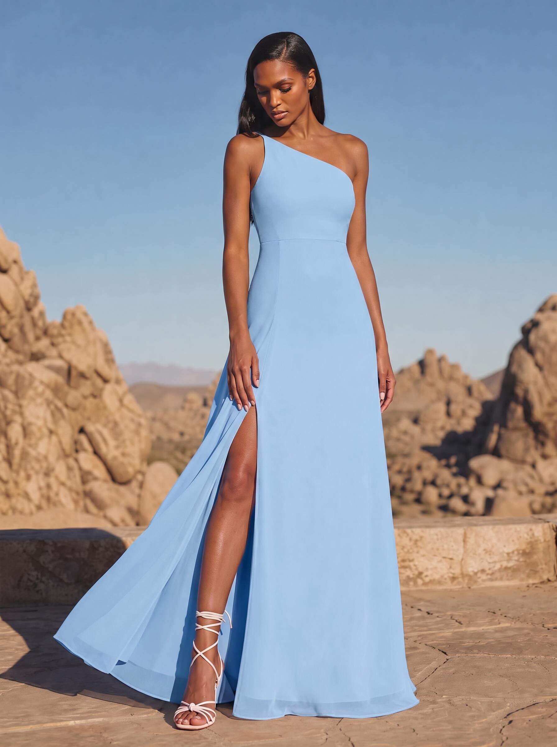 A-Line Asymmetrical Sleeveless Floor-Length Chiffon Bridesmaid Dresses With High Split