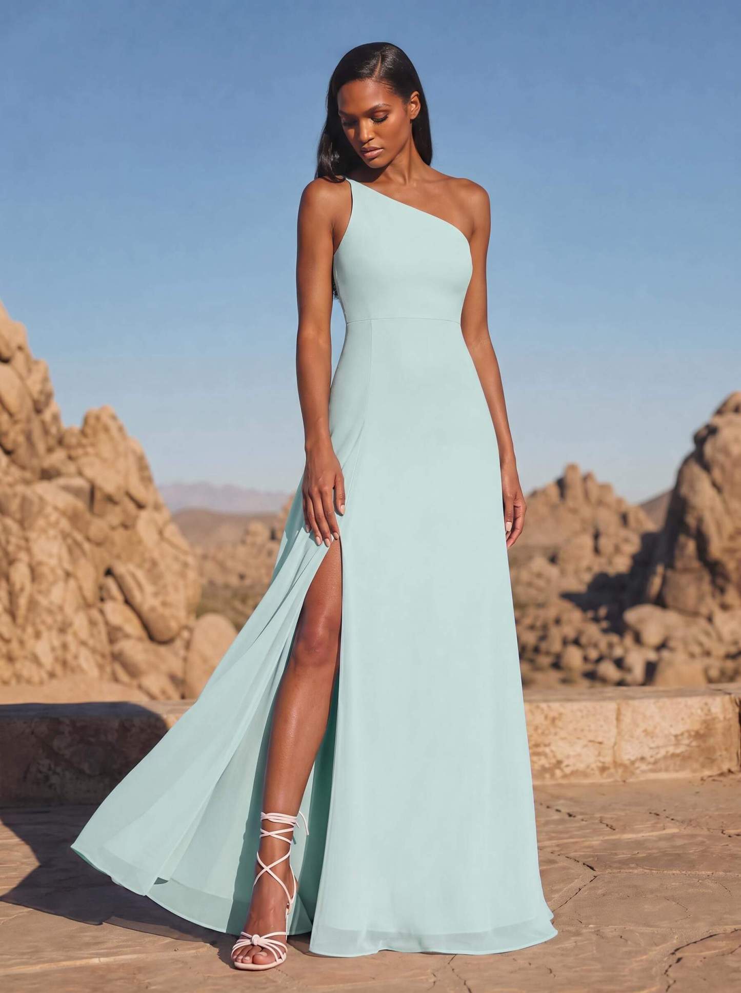 A-Line Asymmetrical Sleeveless Floor-Length Chiffon Bridesmaid Dresses With High Split