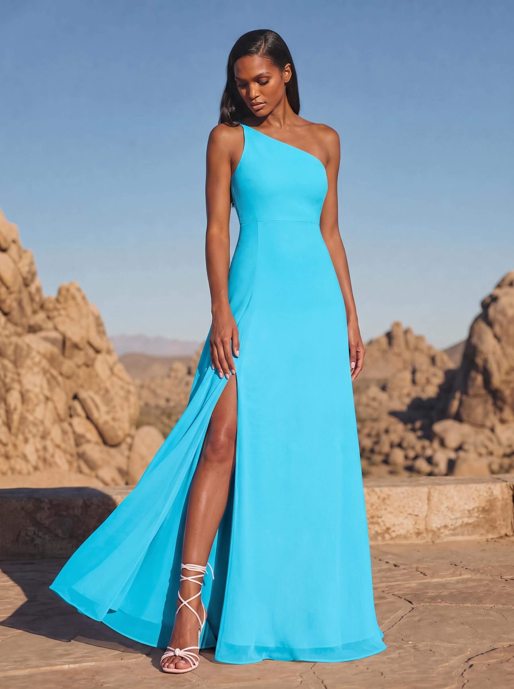 A-Line Asymmetrical Sleeveless Floor-Length Chiffon Bridesmaid Dresses With High Split