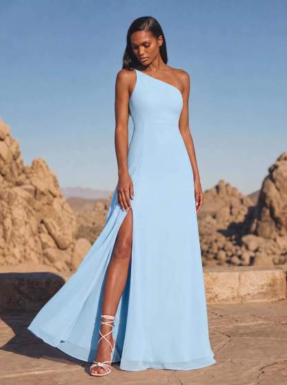 A-Line Asymmetrical Sleeveless Floor-Length Chiffon Bridesmaid Dresses With High Split