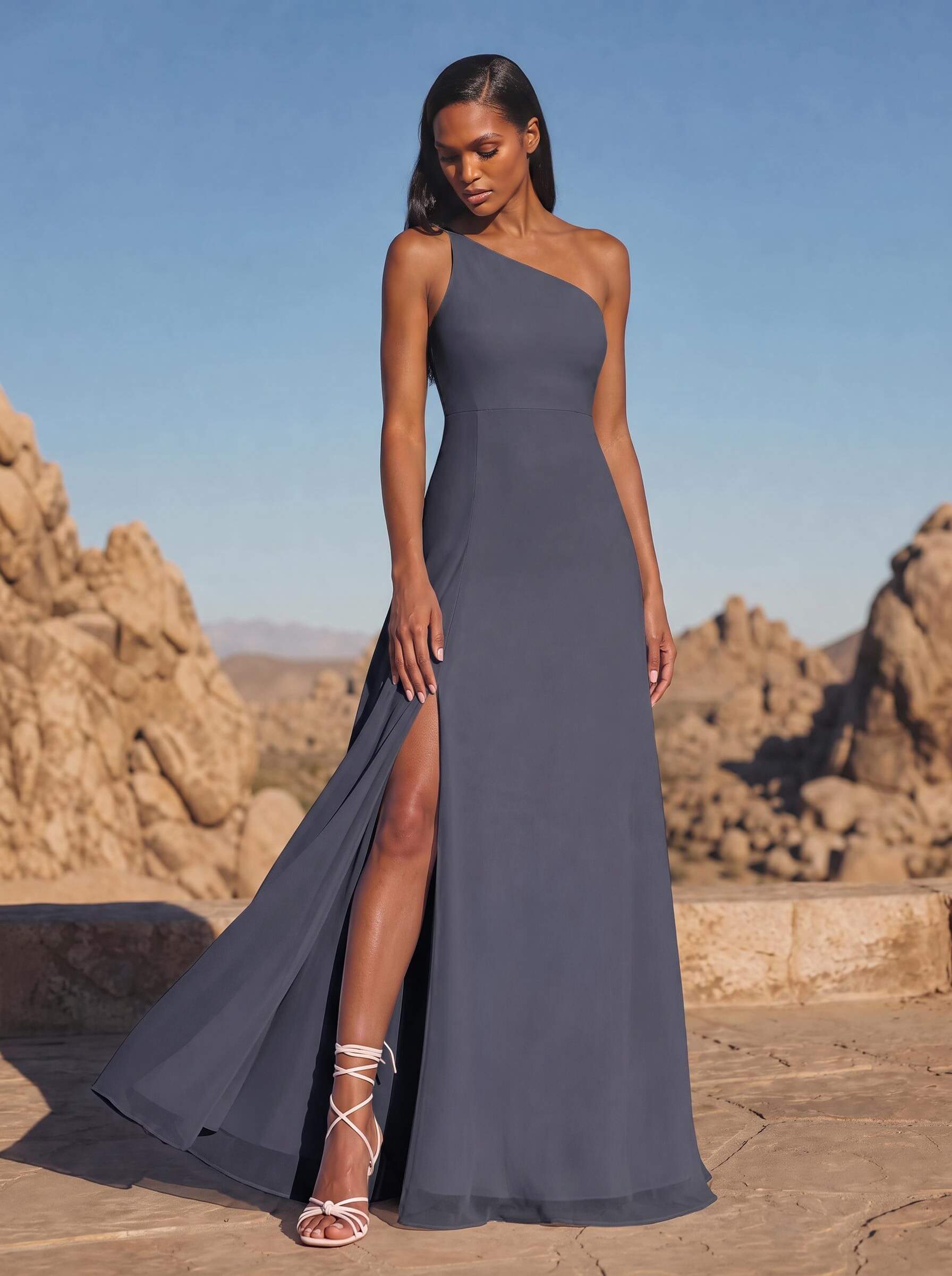 A-Line Asymmetrical Sleeveless Floor-Length Chiffon Bridesmaid Dresses With High Split
