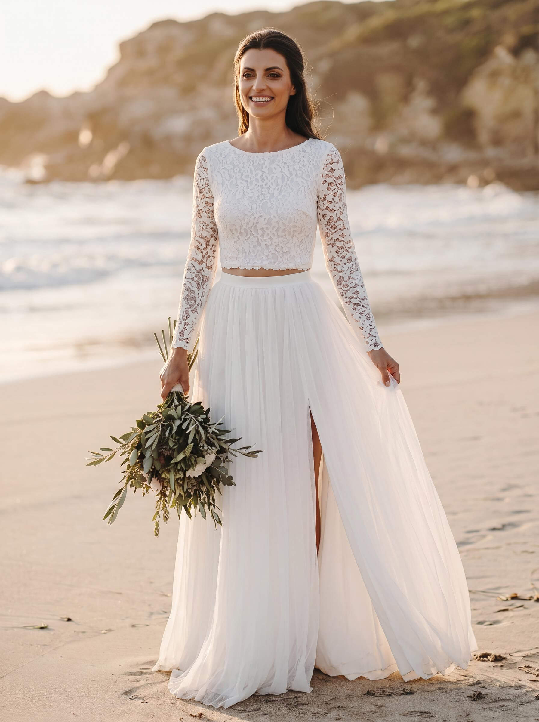 A-Line Scoop Neck Long Sleeves Lace/Tulle Wedding Dresses With Split Front, product image 1