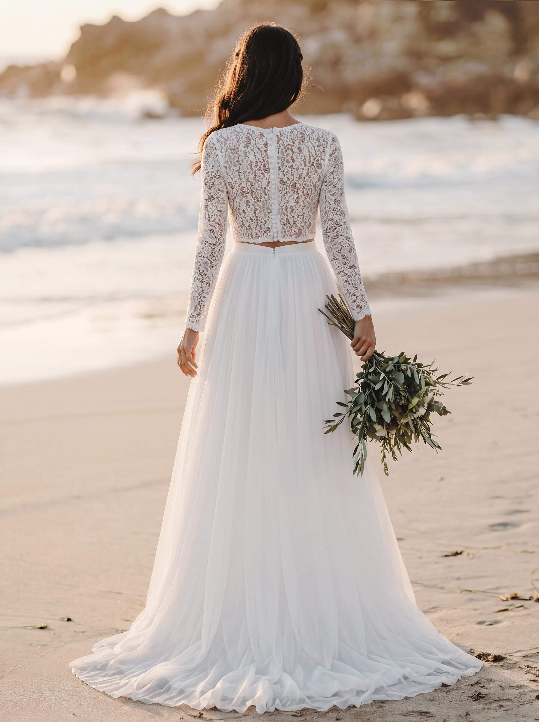 A-Line Scoop Neck Long Sleeves Lace/Tulle Wedding Dresses With Split Front, product image 2