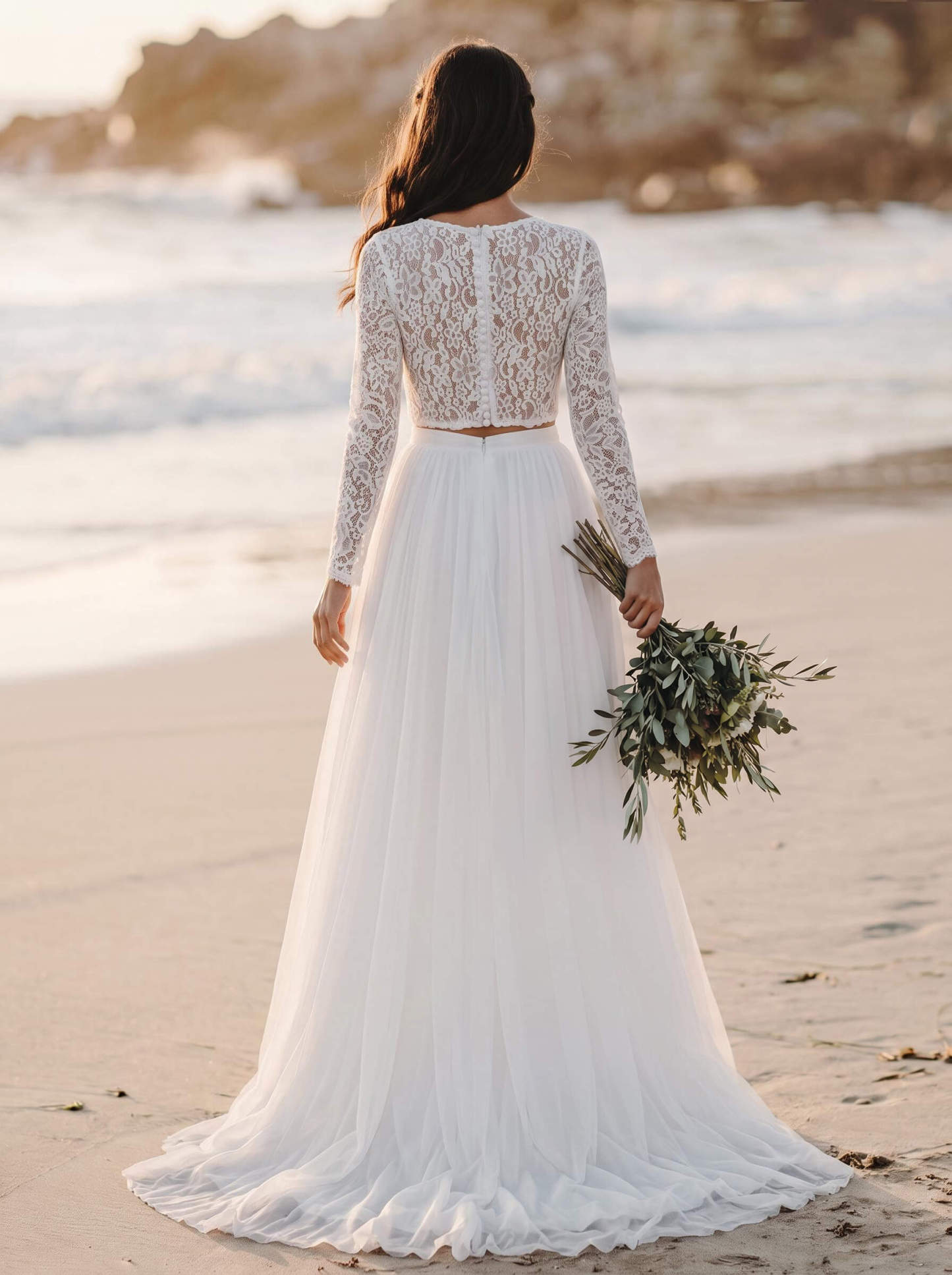 A-Line Scoop Neck Long Sleeves Lace/Tulle Wedding Dresses With Split Front, product image 2