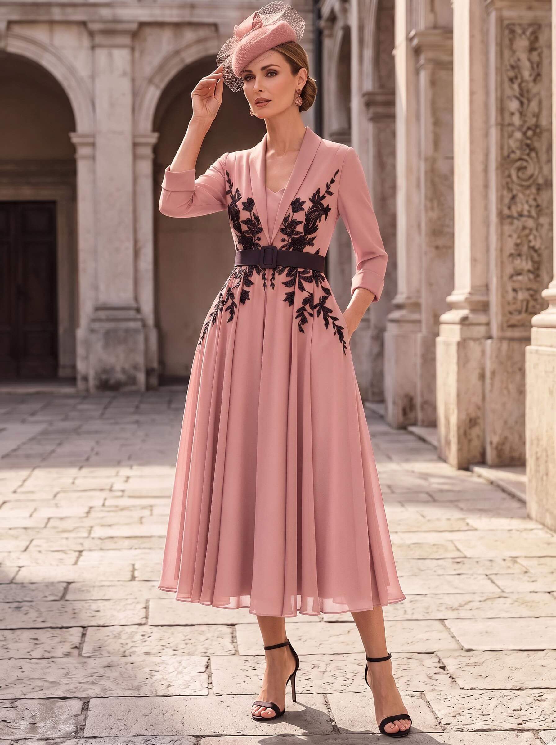 A-Line V-Neck 3/4 Sleeves Tea-Length Chiffon Mother Of The Bride Dresses With Sash/Flower(s)