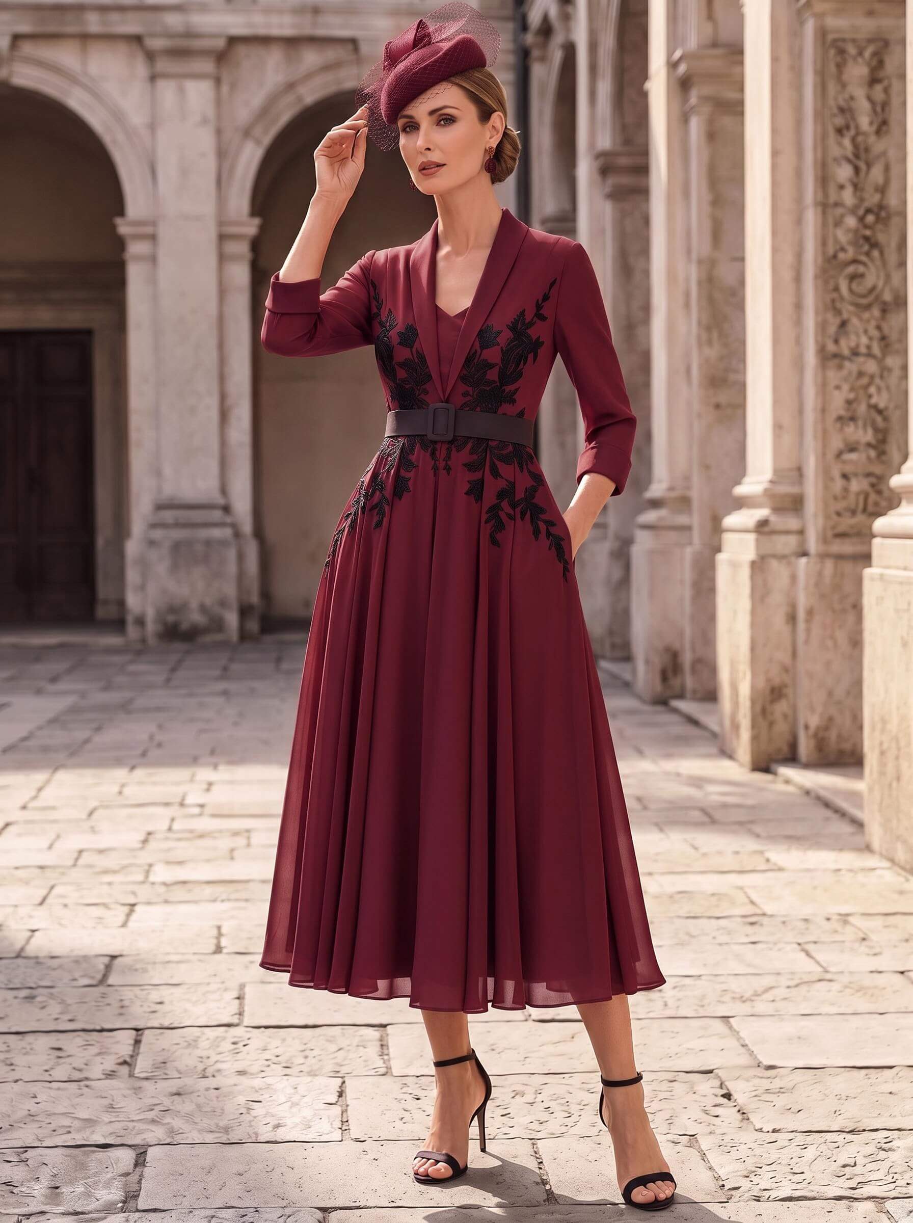 A-Line V-Neck 3/4 Sleeves Tea-Length Chiffon Mother Of The Bride Dresses With Sash/Flower(s)