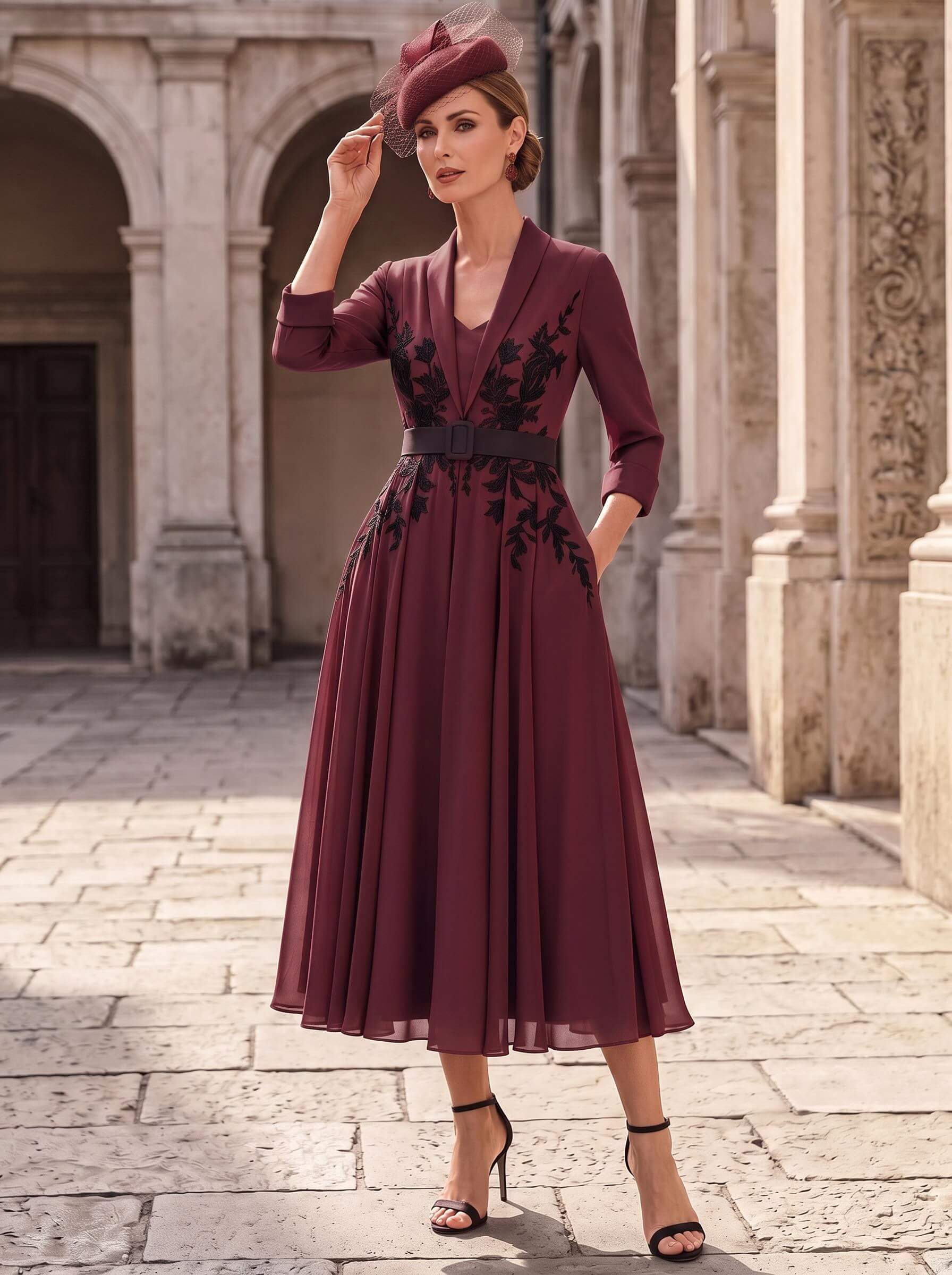 A-Line V-Neck 3/4 Sleeves Tea-Length Chiffon Mother Of The Bride Dresses With Sash/Flower(s)