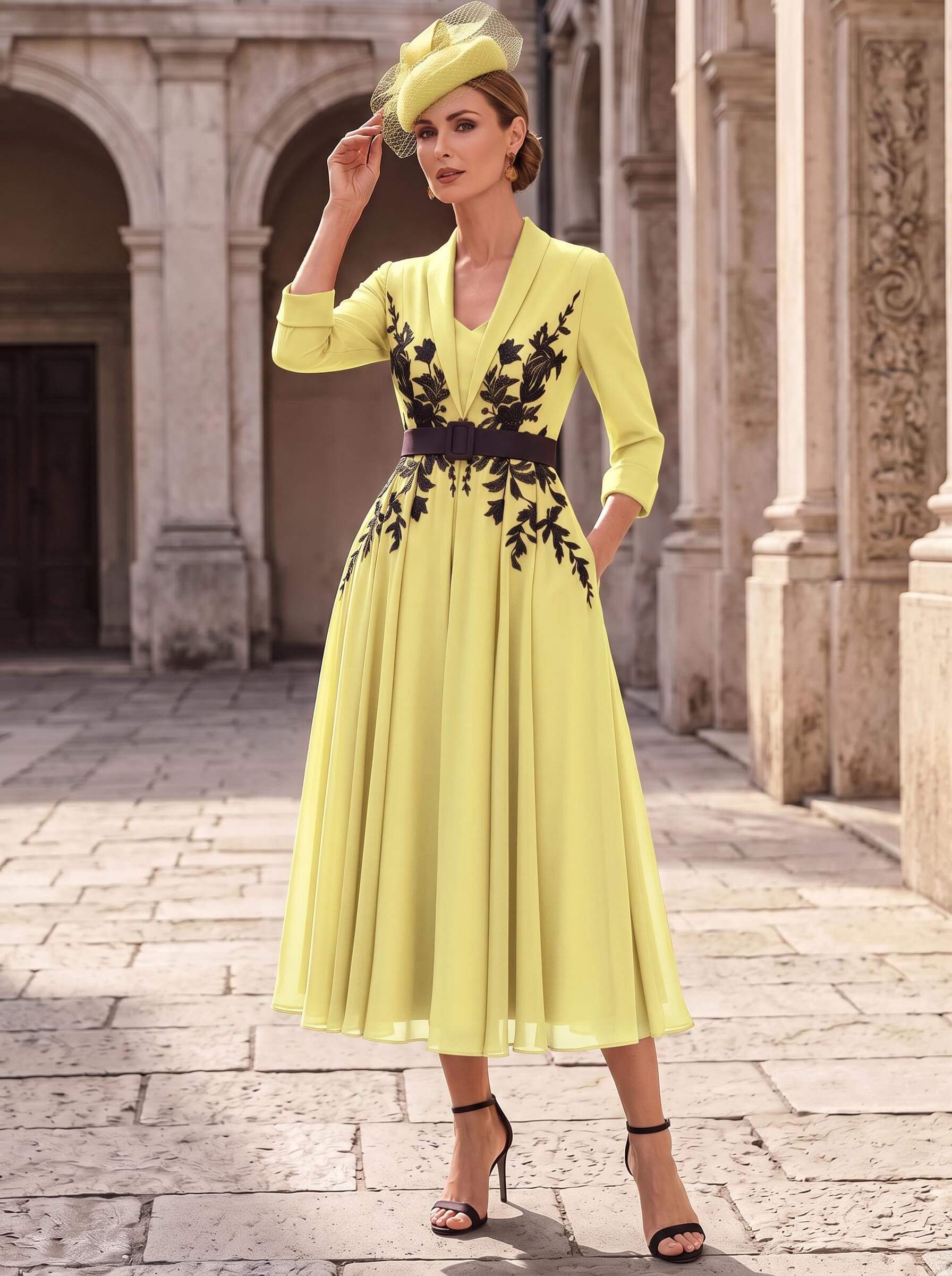 A-Line V-Neck 3/4 Sleeves Tea-Length Chiffon Mother Of The Bride Dresses With Sash/Flower(s)