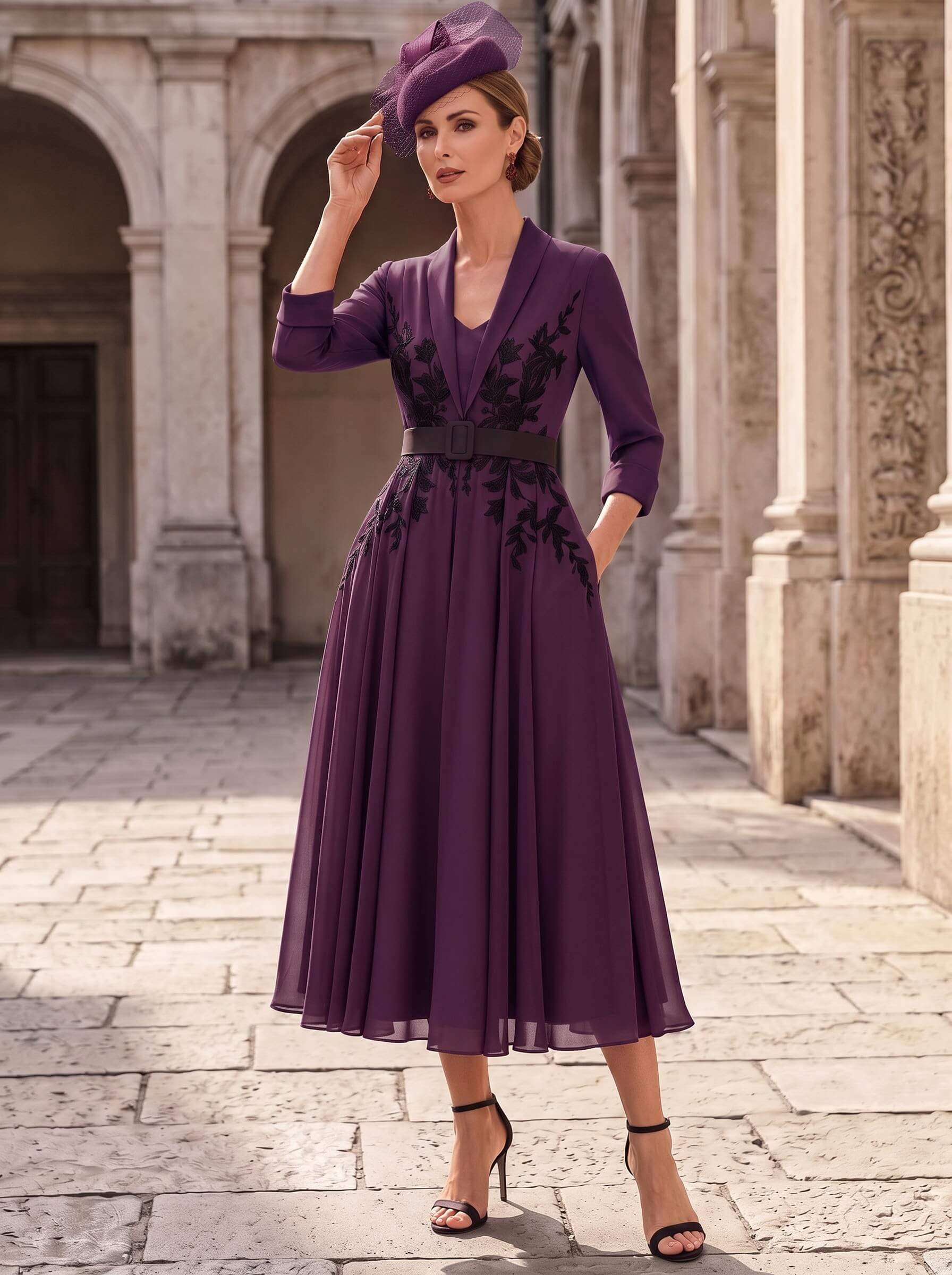 A-Line V-Neck 3/4 Sleeves Tea-Length Chiffon Mother Of The Bride Dresses With Sash/Flower(s)