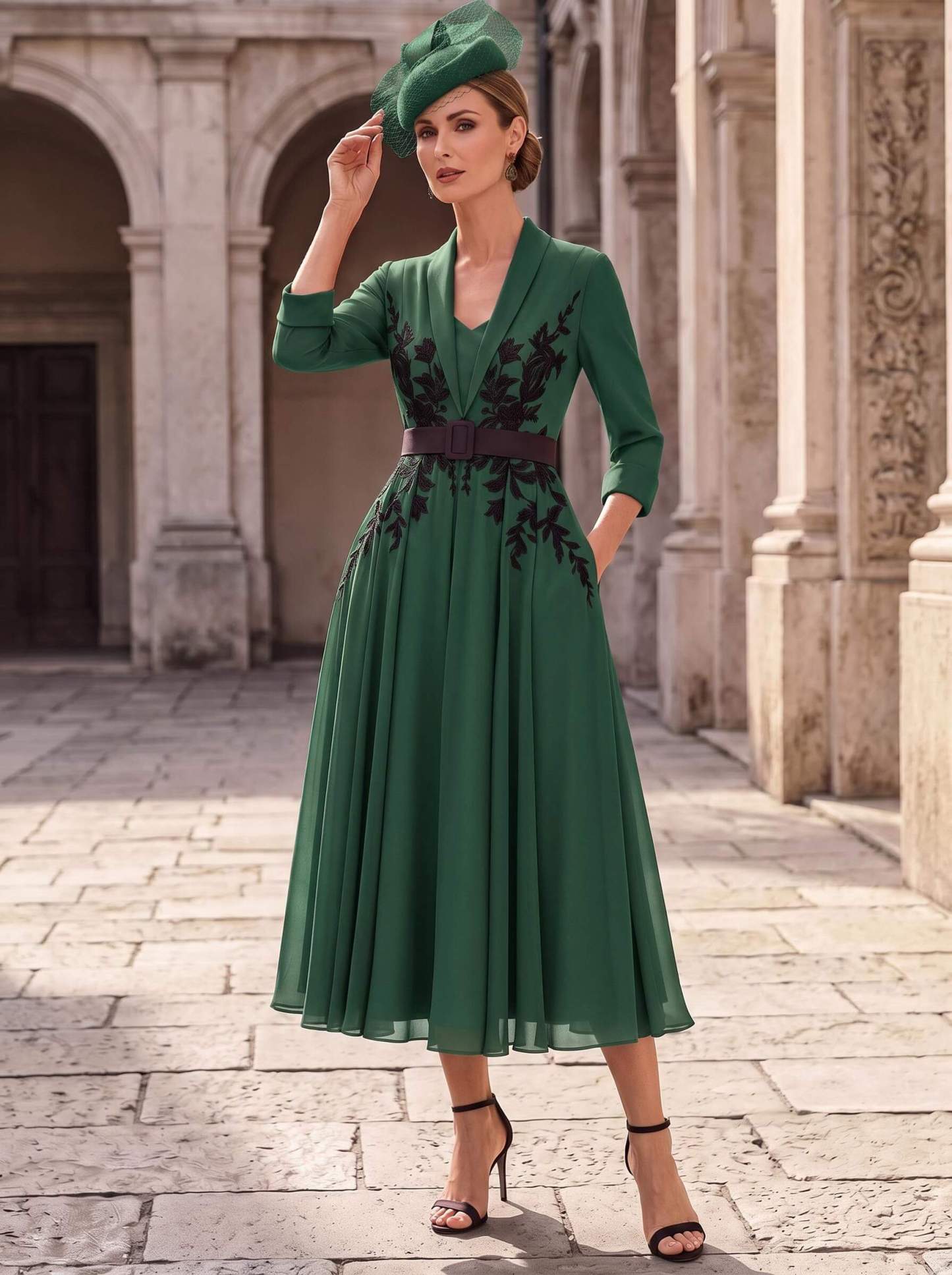 A-Line V-Neck 3/4 Sleeves Tea-Length Chiffon Mother Of The Bride Dresses With Sash/Flower(s)