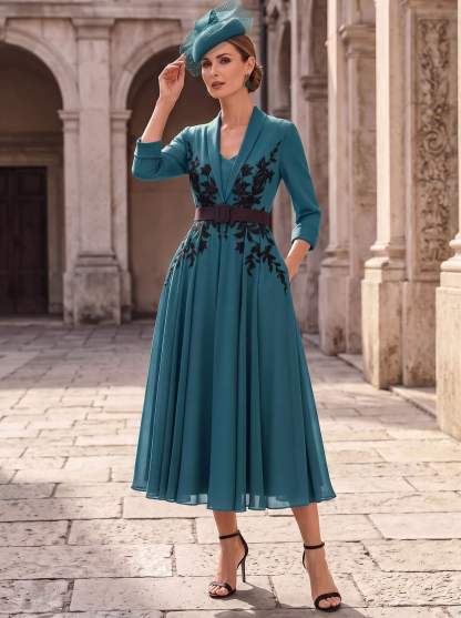 A-Line V-Neck 3/4 Sleeves Tea-Length Chiffon Mother Of The Bride Dresses With Sash/Flower(s)