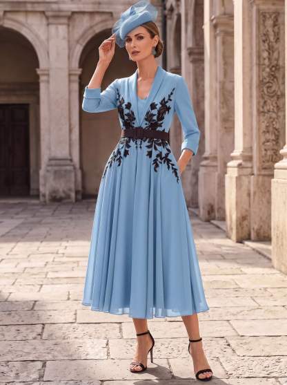 A-Line V-Neck 3/4 Sleeves Tea-Length Chiffon Mother Of The Bride Dresses With Sash/Flower(s)