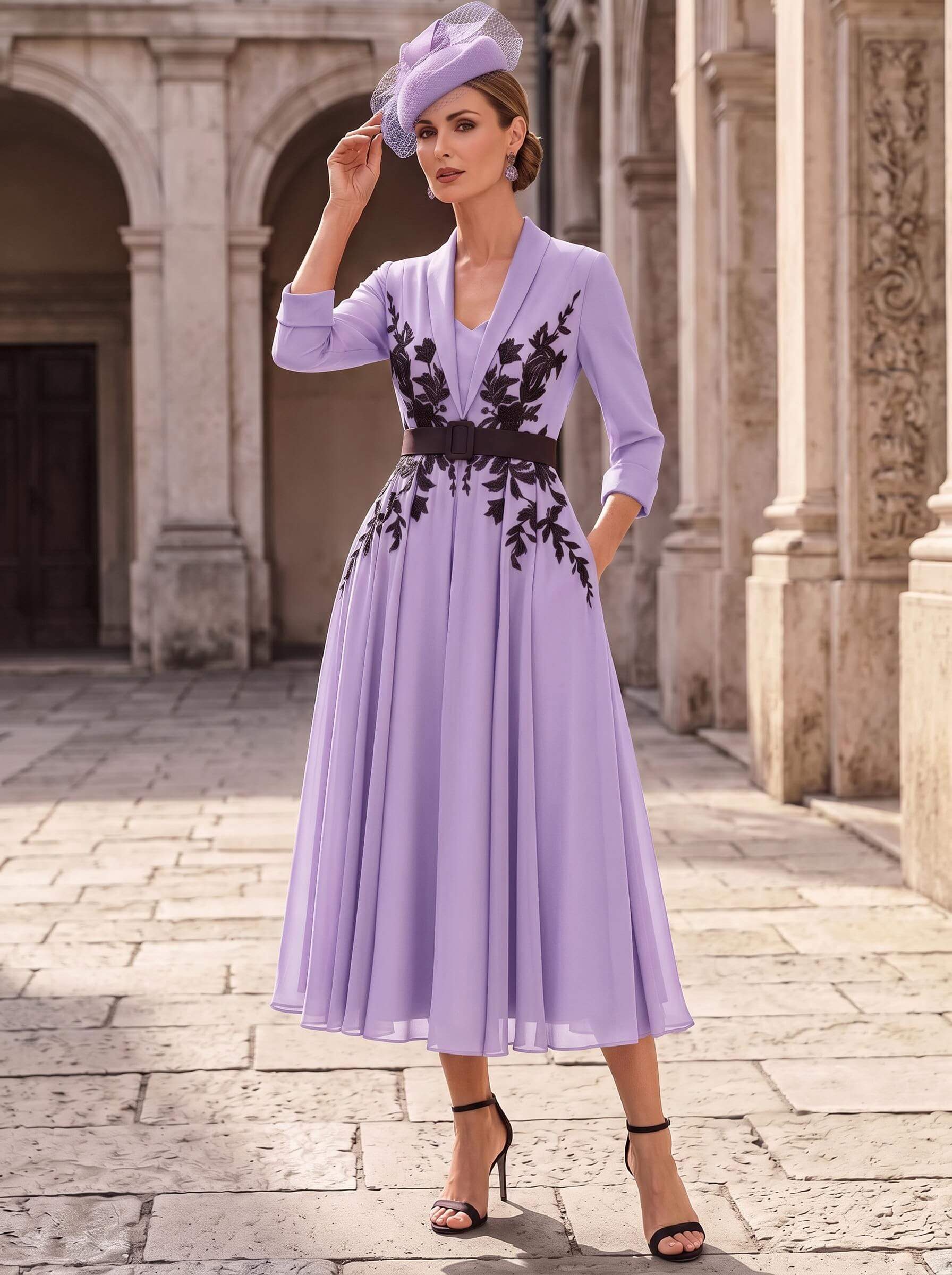 A-Line V-Neck 3/4 Sleeves Tea-Length Chiffon Mother Of The Bride Dresses With Sash/Flower(s)