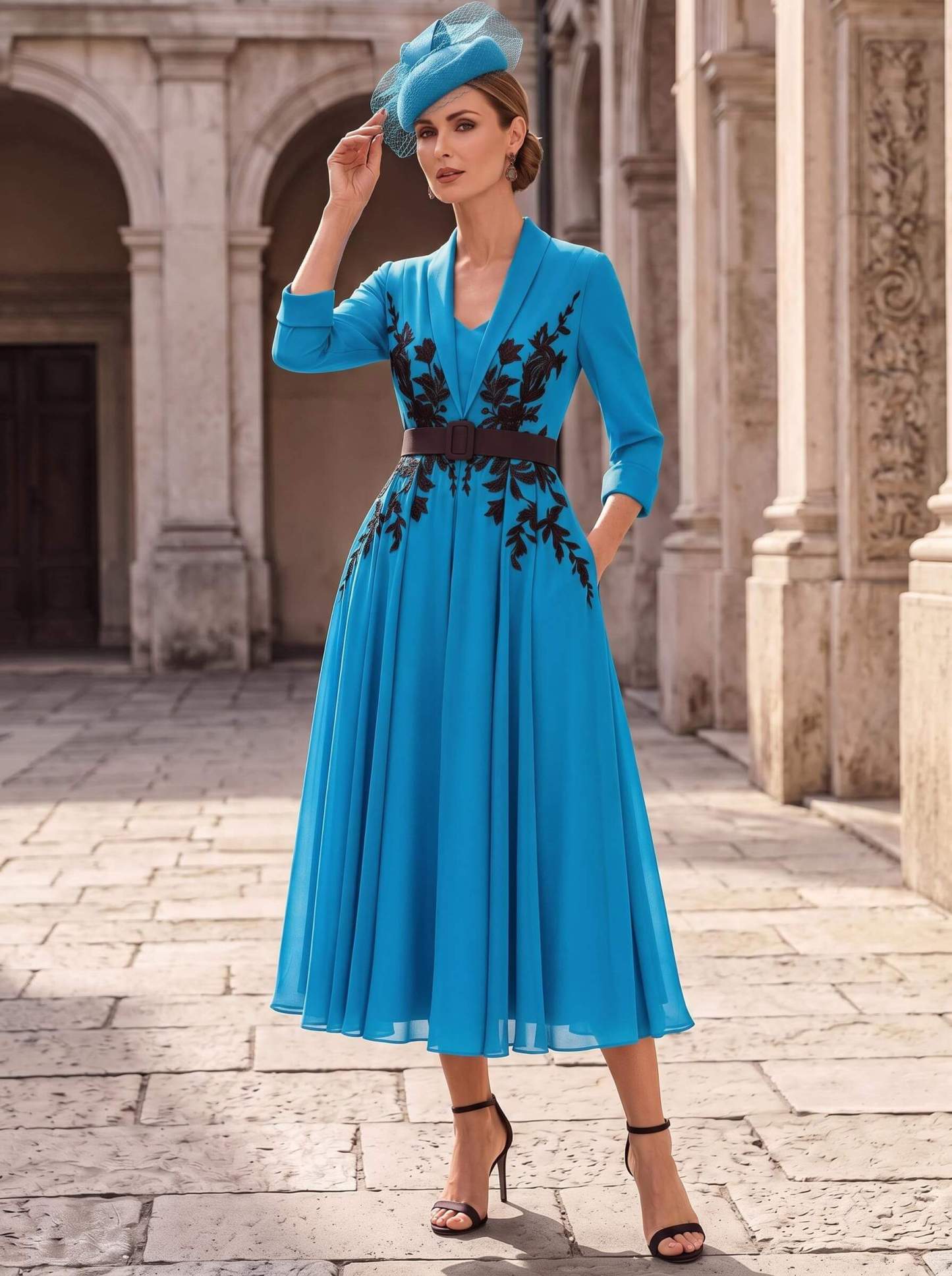 A-Line V-Neck 3/4 Sleeves Tea-Length Chiffon Mother Of The Bride Dresses With Sash/Flower(s)