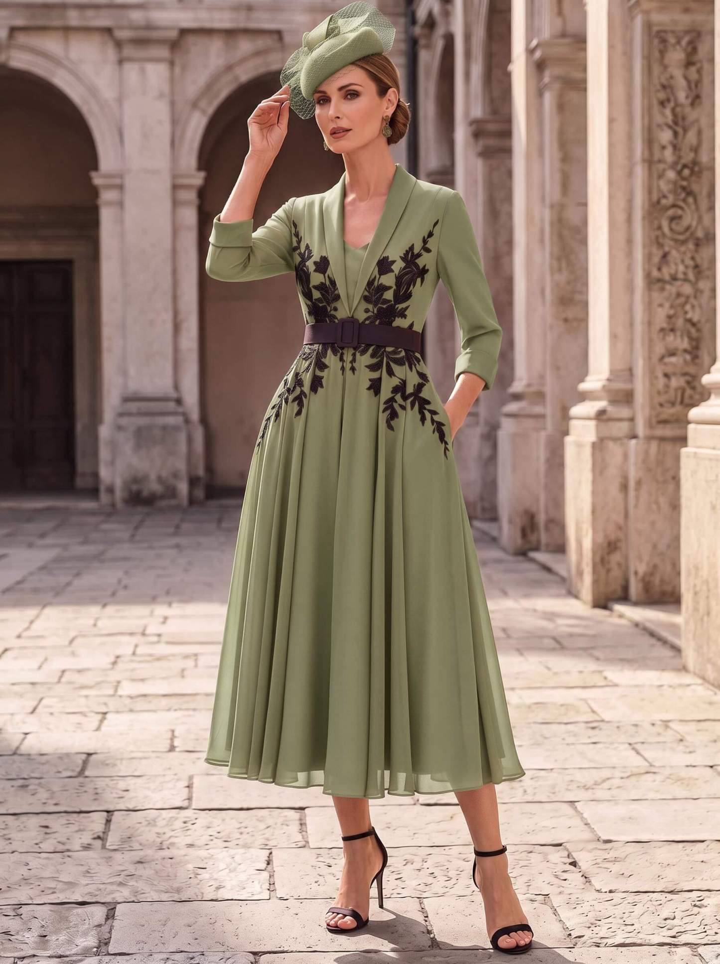 A-Line V-Neck 3/4 Sleeves Tea-Length Chiffon Mother Of The Bride Dresses With Sash/Flower(s)