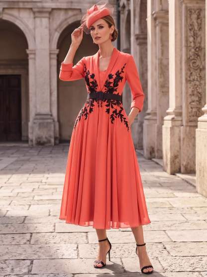 A-Line V-Neck 3/4 Sleeves Tea-Length Chiffon Mother Of The Bride Dresses With Sash/Flower(s)