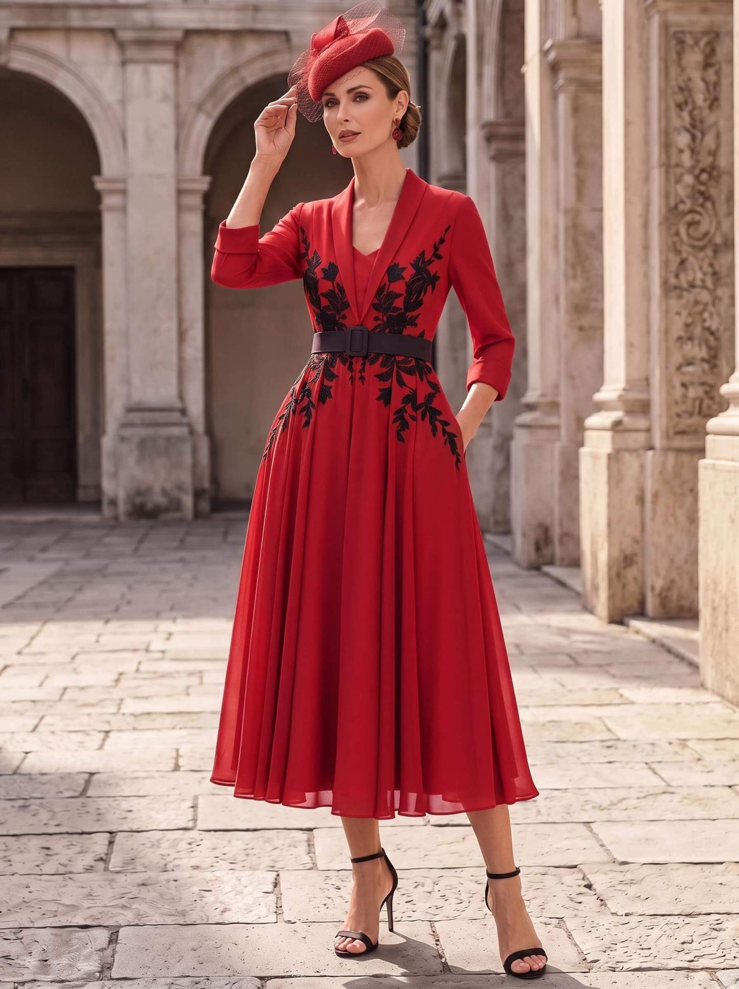 A-Line V-Neck 3/4 Sleeves Tea-Length Chiffon Mother Of The Bride Dresses With Sash/Flower(s)