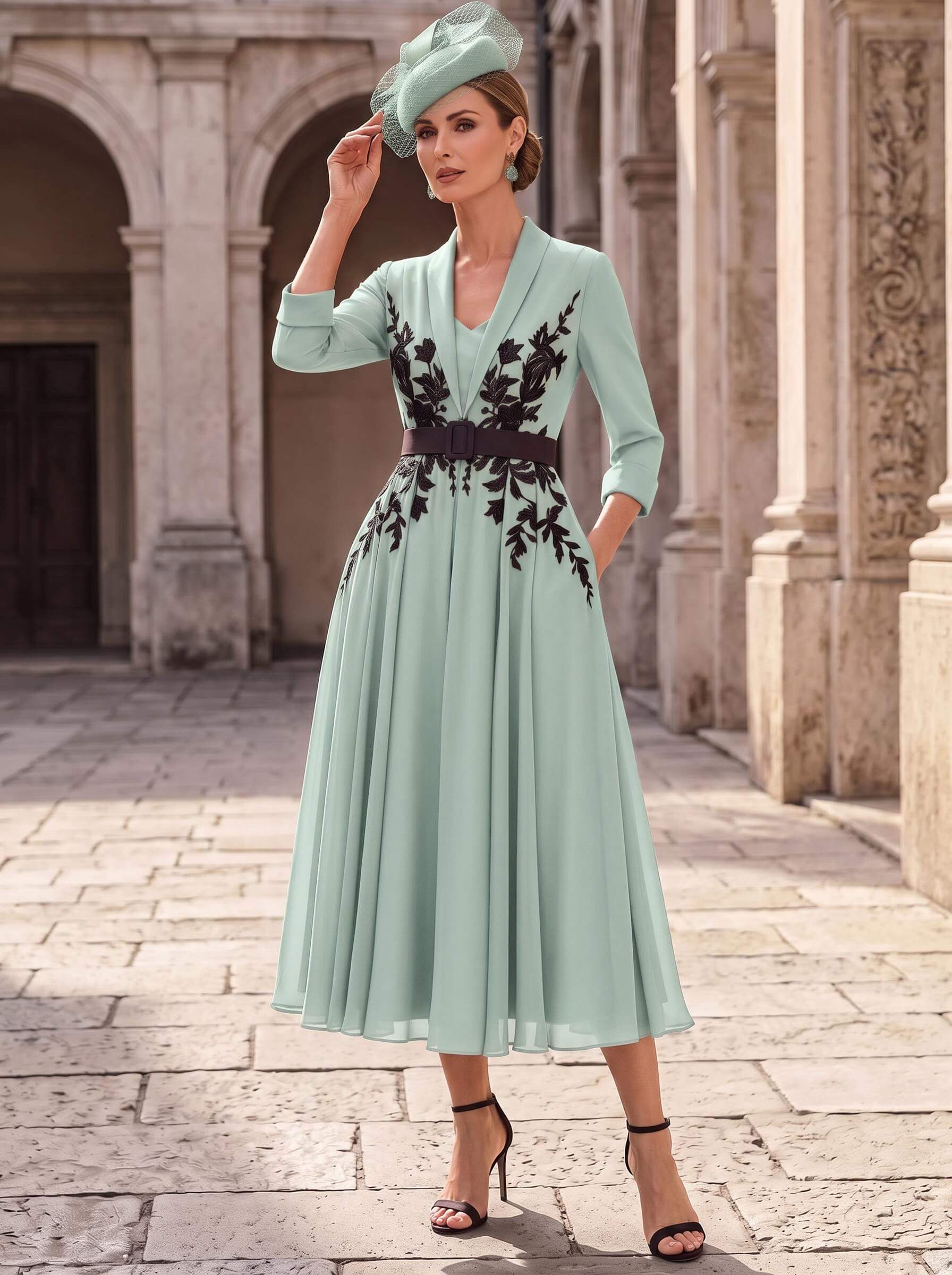 A-Line V-Neck 3/4 Sleeves Tea-Length Chiffon Mother Of The Bride Dresses With Sash/Flower(s)