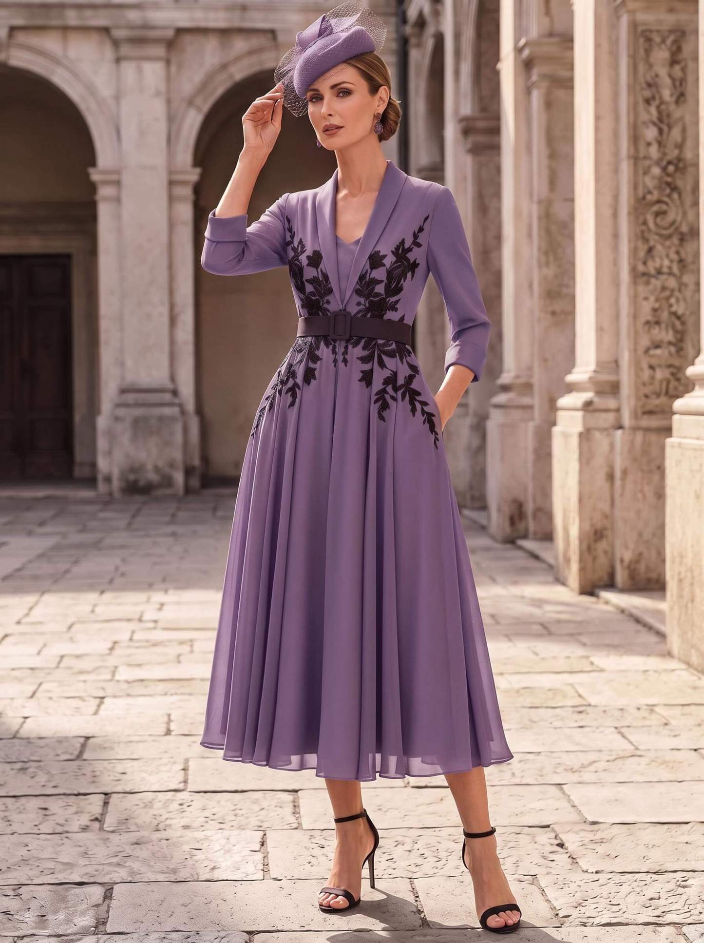 A-Line V-Neck 3/4 Sleeves Tea-Length Chiffon Mother Of The Bride Dresses With Sash/Flower(s)