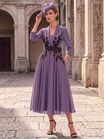 A-Line V-Neck 3/4 Sleeves Tea-Length Chiffon Mother Of The Bride Dresses With Sash/Flower(s)