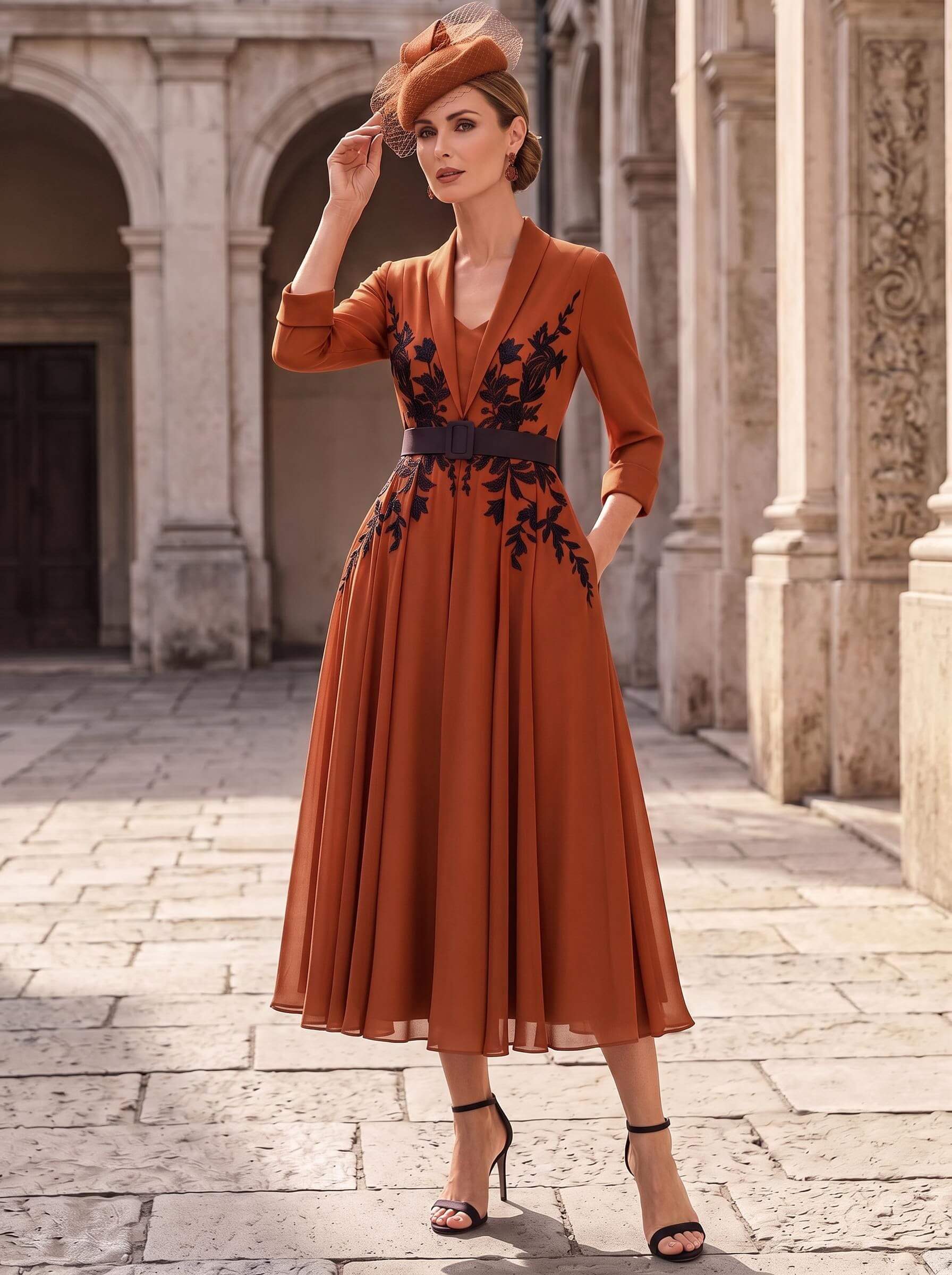 A-Line V-Neck 3/4 Sleeves Tea-Length Chiffon Mother Of The Bride Dresses With Sash/Flower(s)