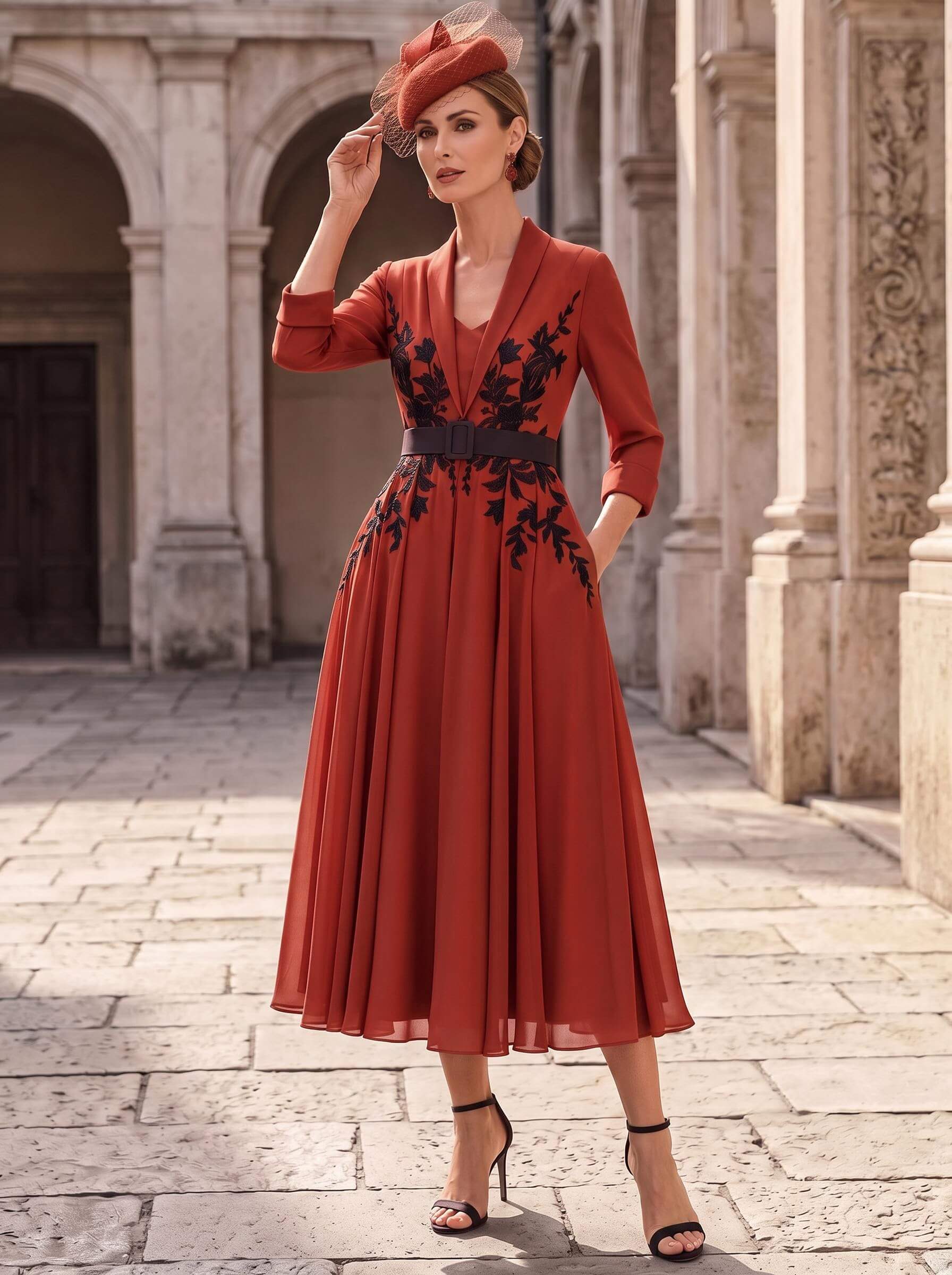 A-Line V-Neck 3/4 Sleeves Tea-Length Chiffon Mother Of The Bride Dresses With Sash/Flower(s)