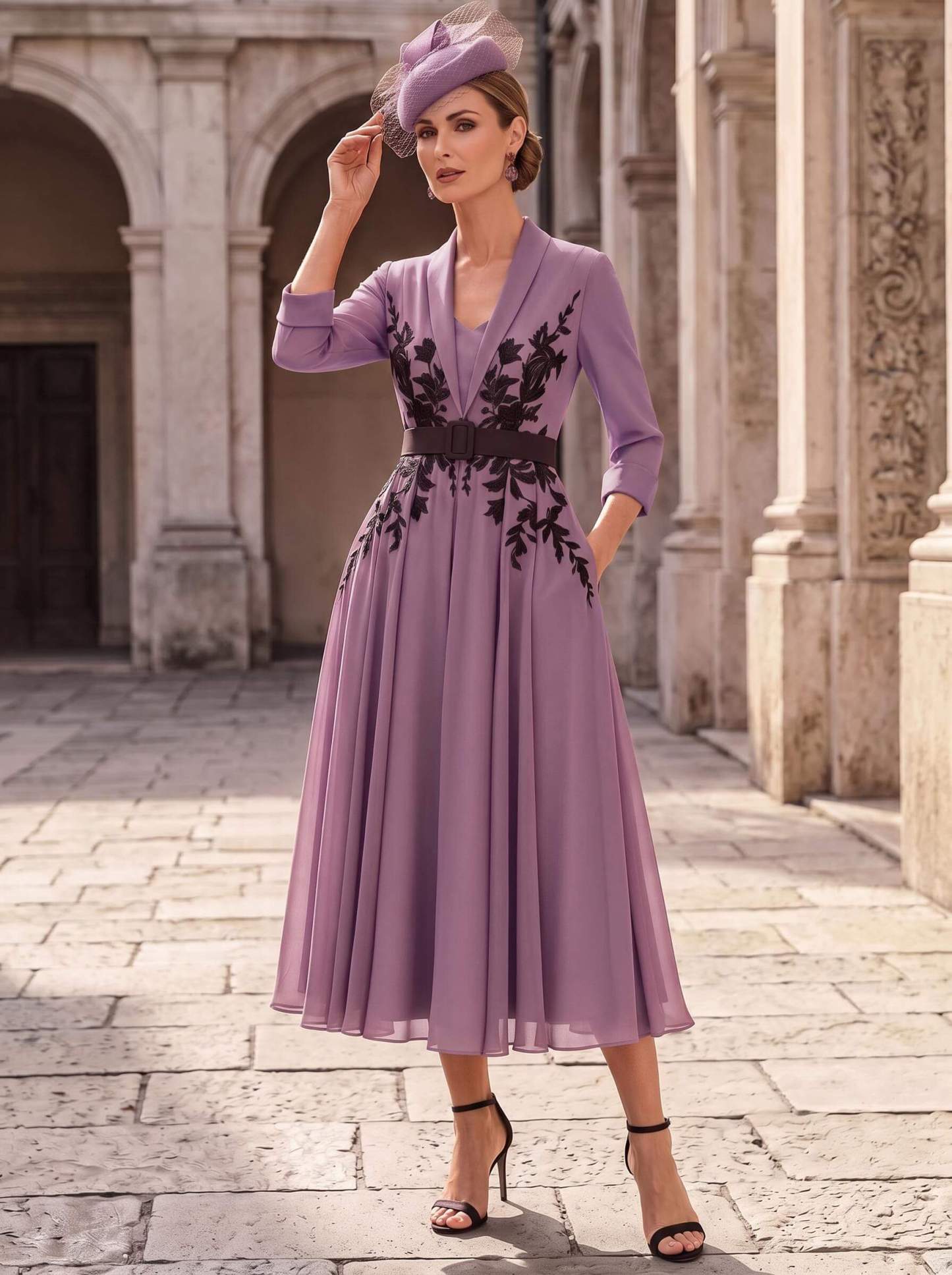 A-Line V-Neck 3/4 Sleeves Tea-Length Chiffon Mother Of The Bride Dresses With Sash/Flower(s)
