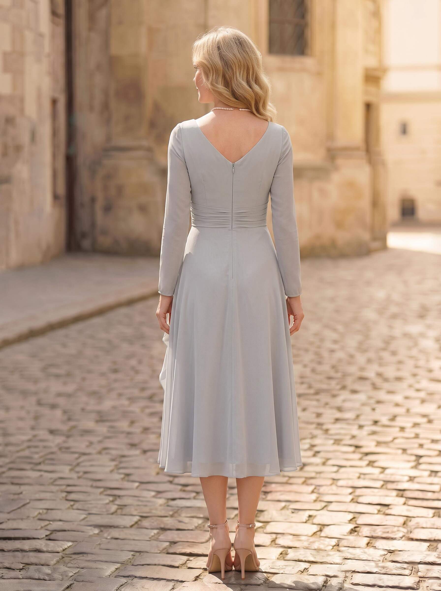 A-Line V-Neck Long Sleeves Tea-Length Chiffon Mother Of The Bride Dresses With Cascading Ruffles