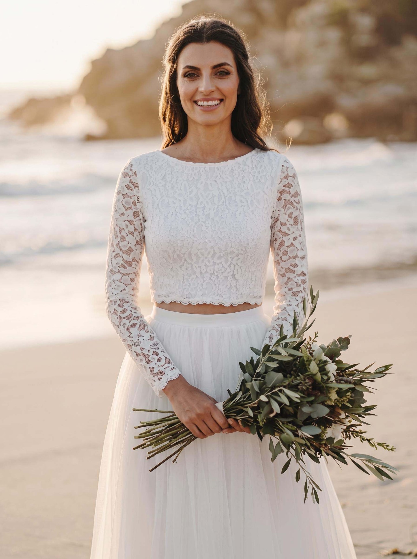 A-Line Scoop Neck Long Sleeves Lace/Tulle Wedding Dresses With Split Front, product image 3