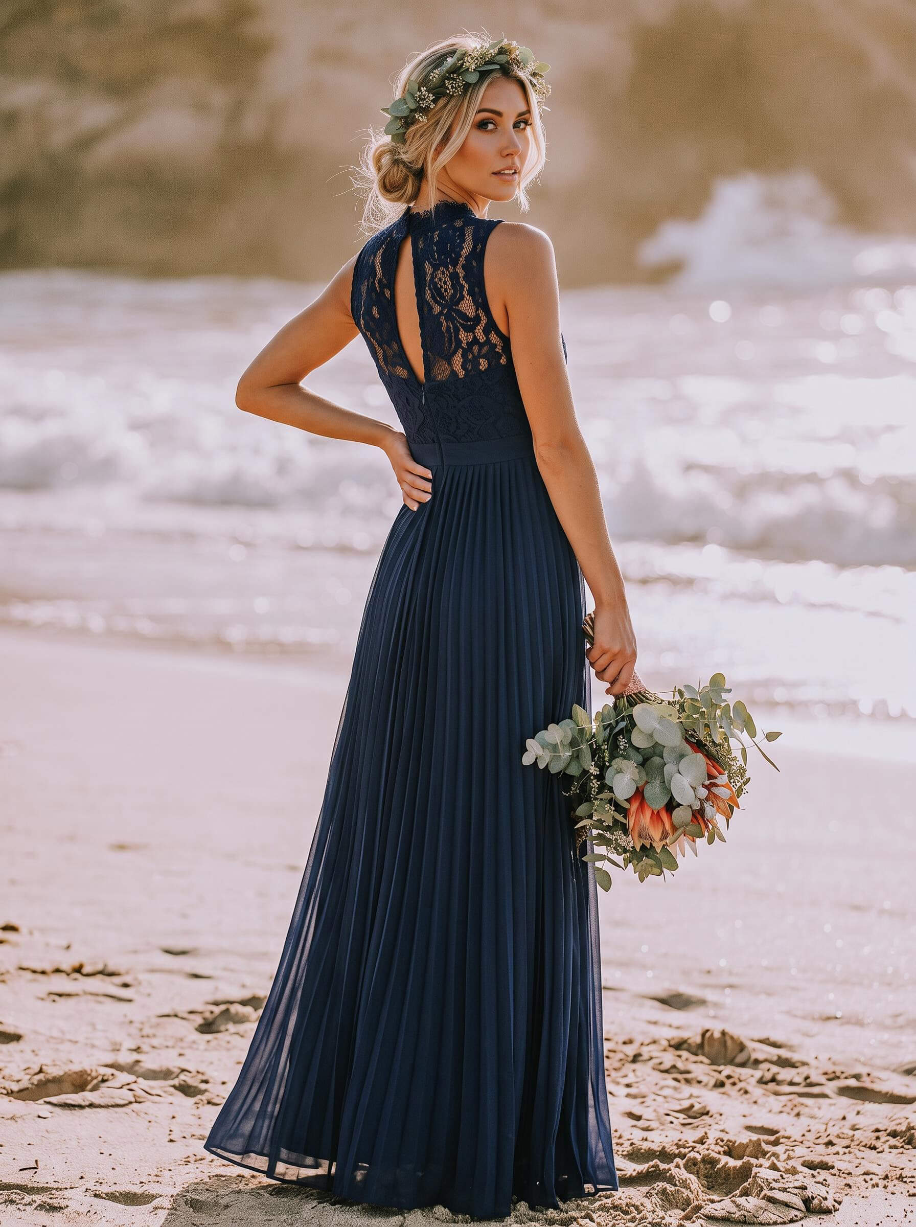 A-Line High-Neck Sleeveless Floor-Length Chiffon Bridesmaid Dresses With Pleated Lace, image 2