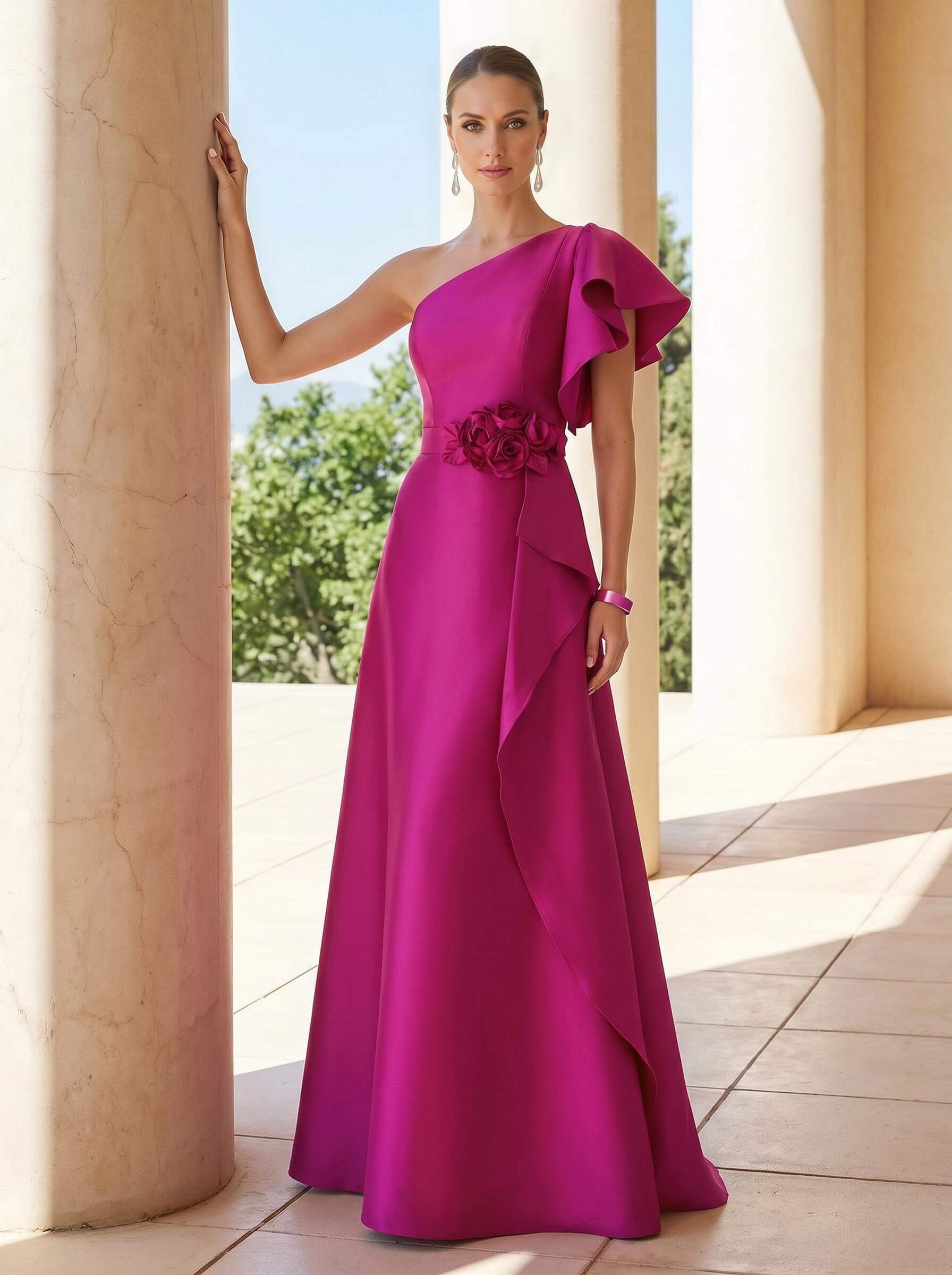 A-Line One-Shoulder Short Sleeves Floor-Length Satin Evening Dresses With Flower, supplier image 1