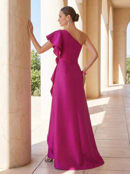 A-Line One-Shoulder Short Sleeves Floor-Length Satin Evening Dresses With Flower, supplier image 2