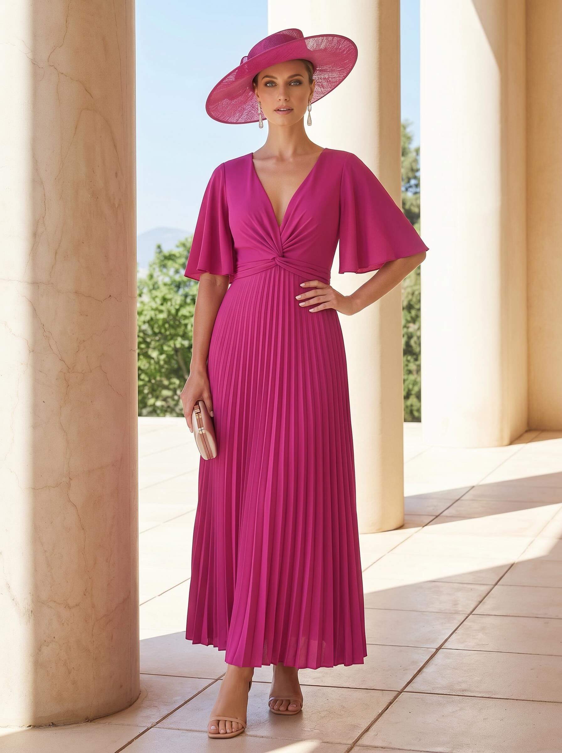 A-Line Plunge Neck 1/2 Sleeves Ankle-Length Stretch Chiffon Mother Of The Bride Dresses With Pleated
