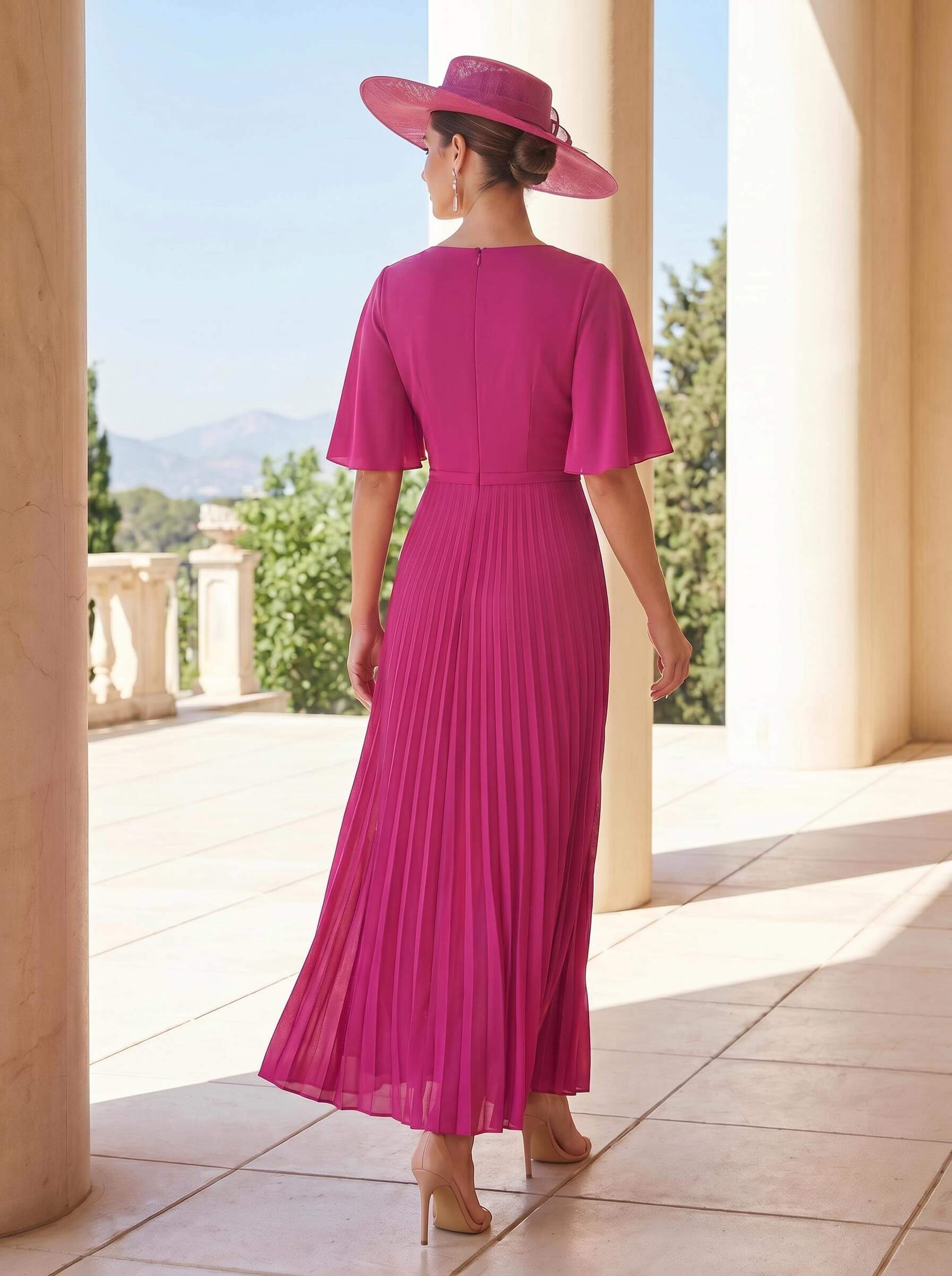 A-Line Plunge Neck 1/2 Sleeves Ankle-Length Stretch Chiffon Mother Of The Bride Dresses With Pleated