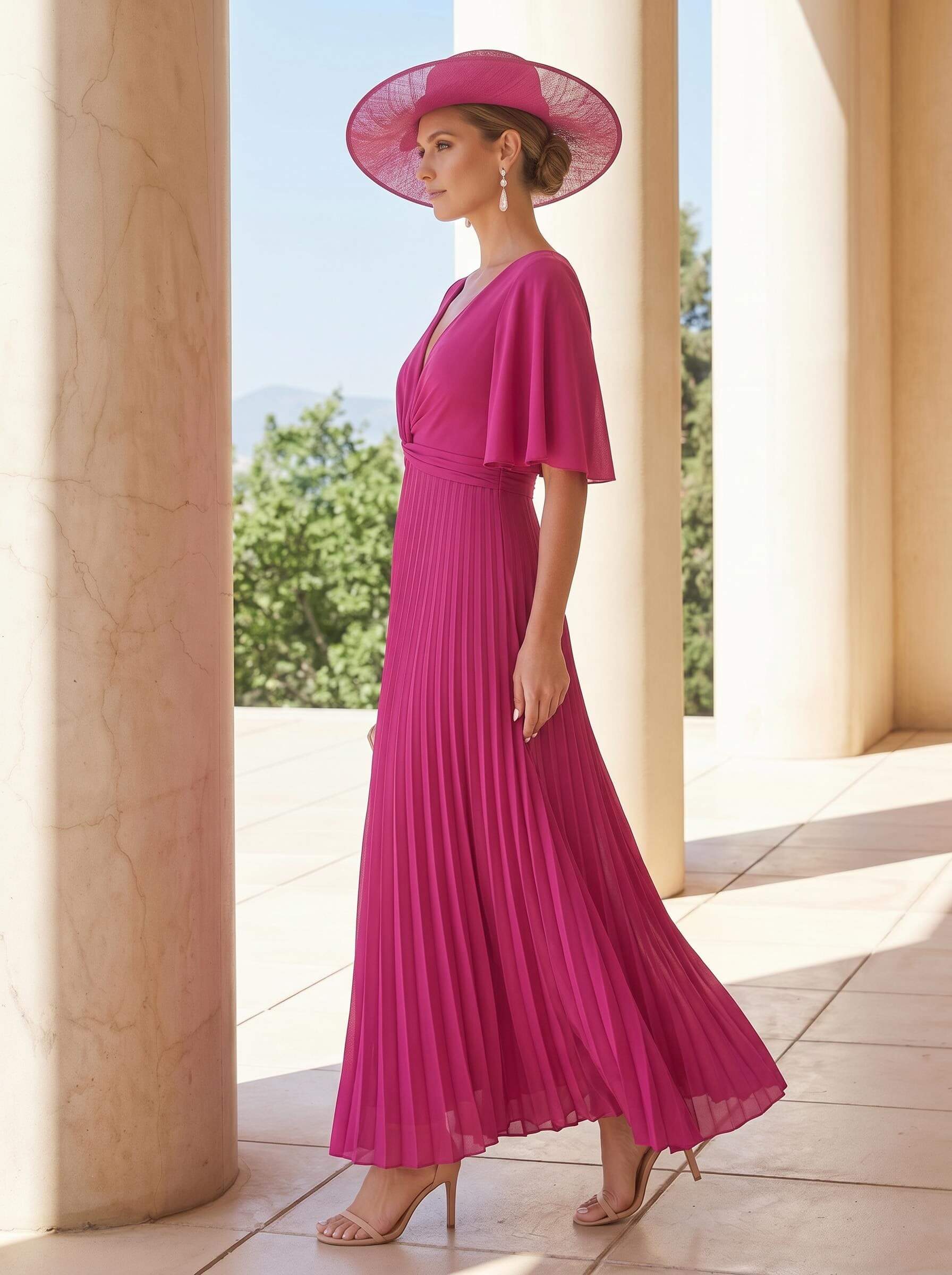 A-Line Plunge Neck 1/2 Sleeves Ankle-Length Stretch Chiffon Mother Of The Bride Dresses With Pleated