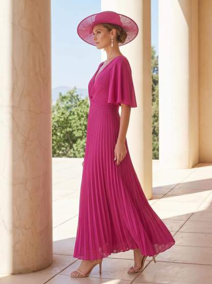 A-Line Plunge Neck 1/2 Sleeves Ankle-Length Stretch Chiffon Mother Of The Bride Dresses With Pleated