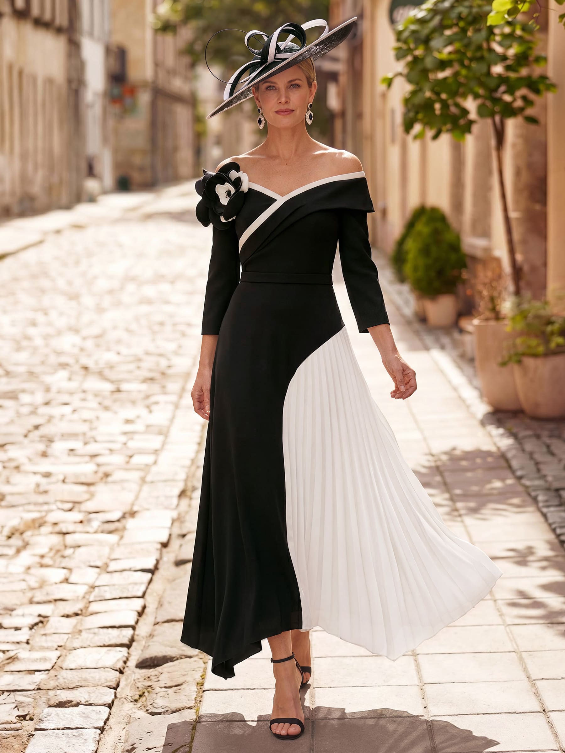 A-Line Off-The-Shoulder 3/4 Sleeves Asymmetrical Elastic Satin Mother Of The Bride Dresses, image 1