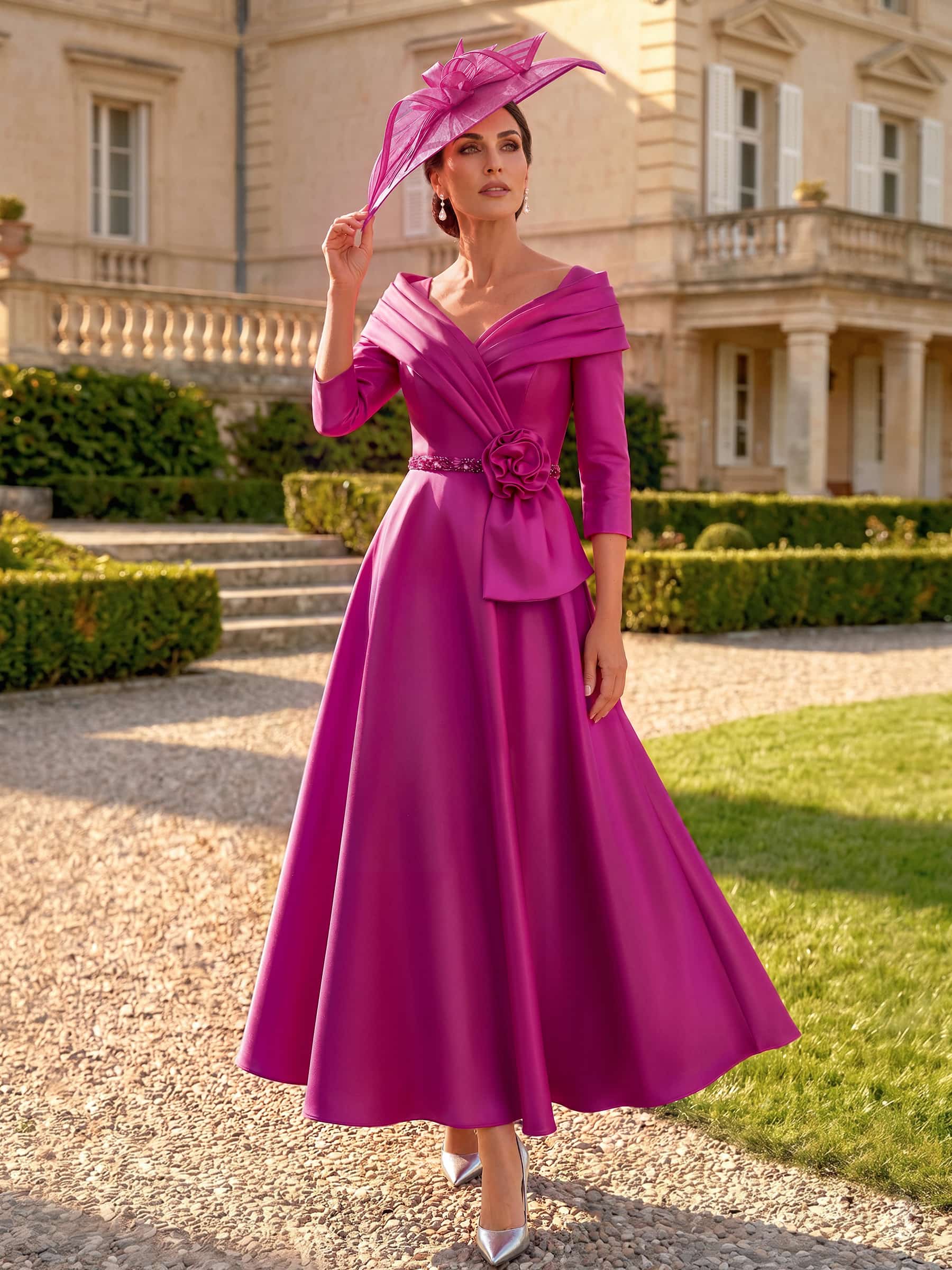 A-Line V-Neck 3/4 Sleeves Ankle-Length Satin Mother Of The Bride Dresses With Rhinestone/Flower(s) in Fuchsia, US2
