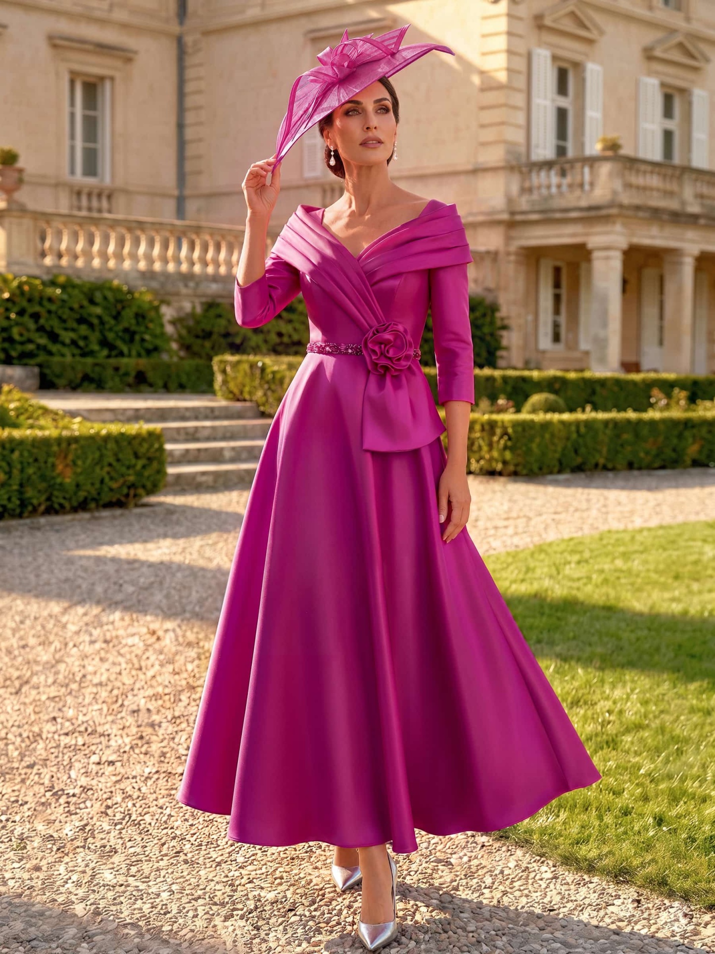 A-Line V-Neck 3/4 Sleeves Ankle-Length Satin Mother Of The Bride Dresses With Rhinestone/Flower(s) in Fuchsia, US2