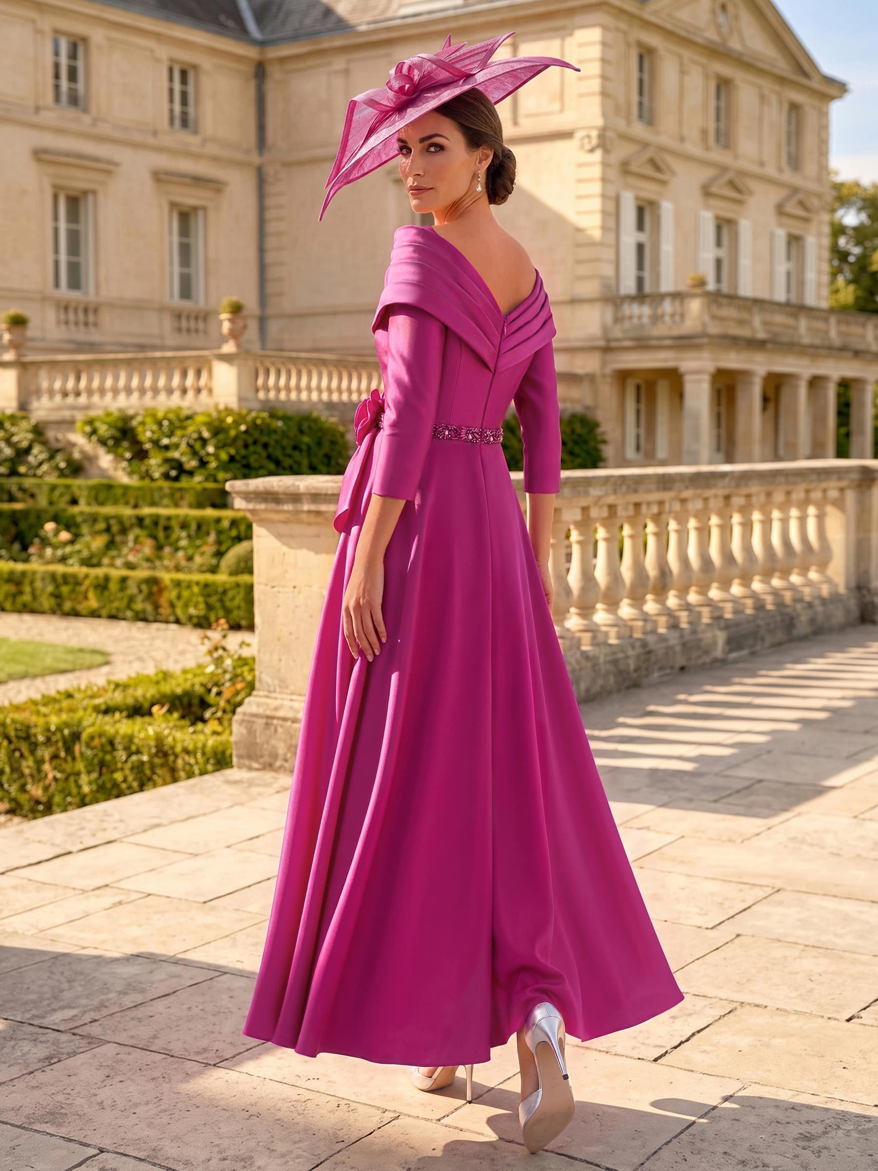 A-Line V-Neck 3/4 Sleeves Ankle-Length Satin Mother Of The Bride Dresses With Rhinestone/Flower(s), image 2